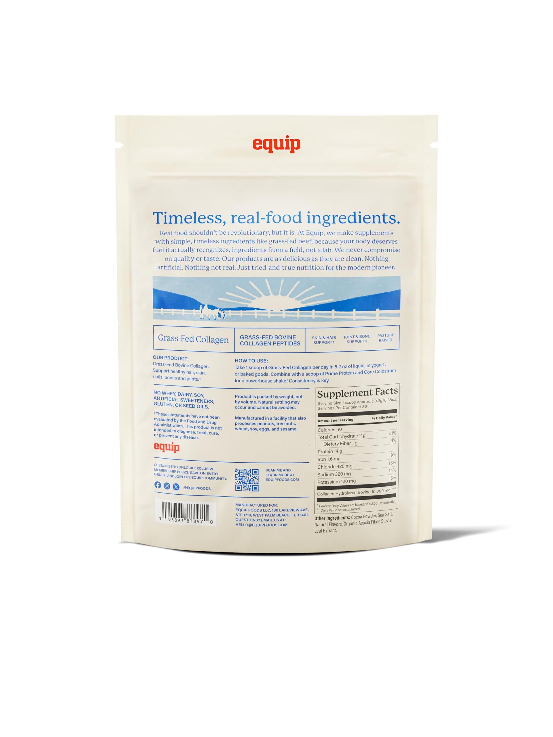 Equip Foods Grass Fed Collagen Powder | Hydrolyzed Bovine Collagen Peptides with Amino Acids | Prime Beef Collagen for Healthy Joints, Skin & Nails | Non-GMO, Paleo Friendly | 30 Servings, Chocolate