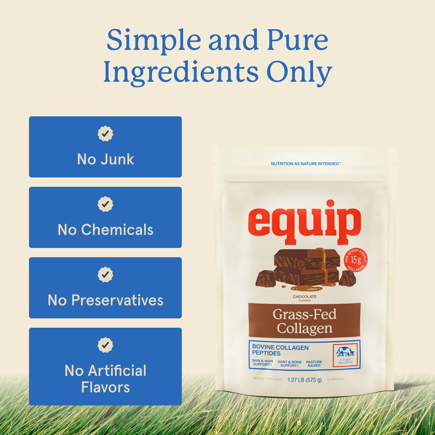 Equip Foods Grass Fed Collagen Powder | Hydrolyzed Bovine Collagen Peptides with Amino Acids | Prime Beef Collagen for Healthy Joints, Skin & Nails | Non-GMO, Paleo Friendly | 30 Servings, Chocolate