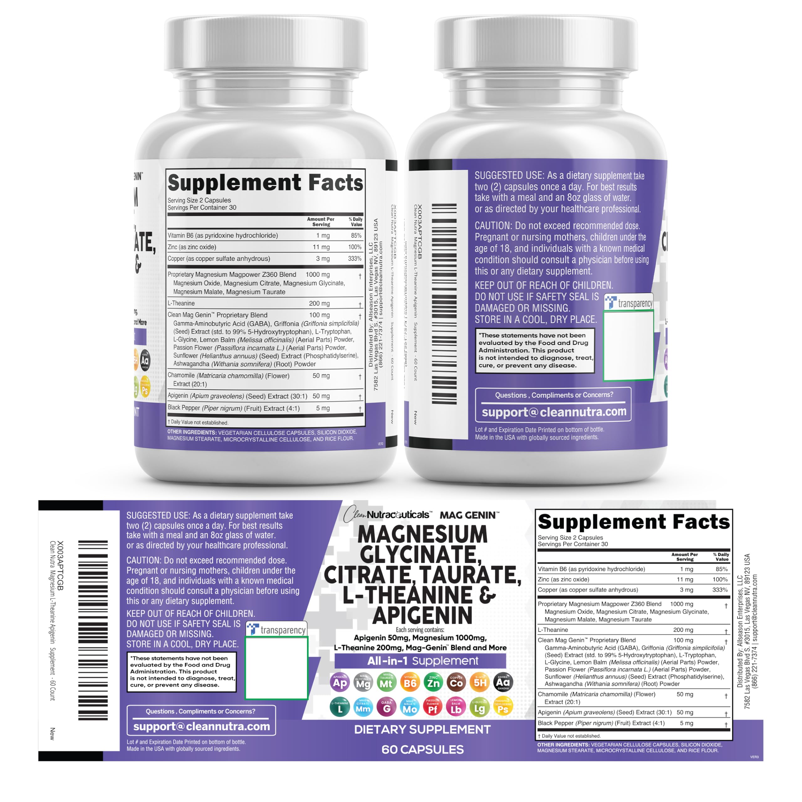 Clean Nutraceuticals Magnesium Glycinate Complex 1000mg with L-Theanine 200mg Apigenin 50mg Citrate Taurate Supplement - 5-HTP GABA Passion Flower Lemon Balm L-Glycine Phosphatidylserine - 60 Count