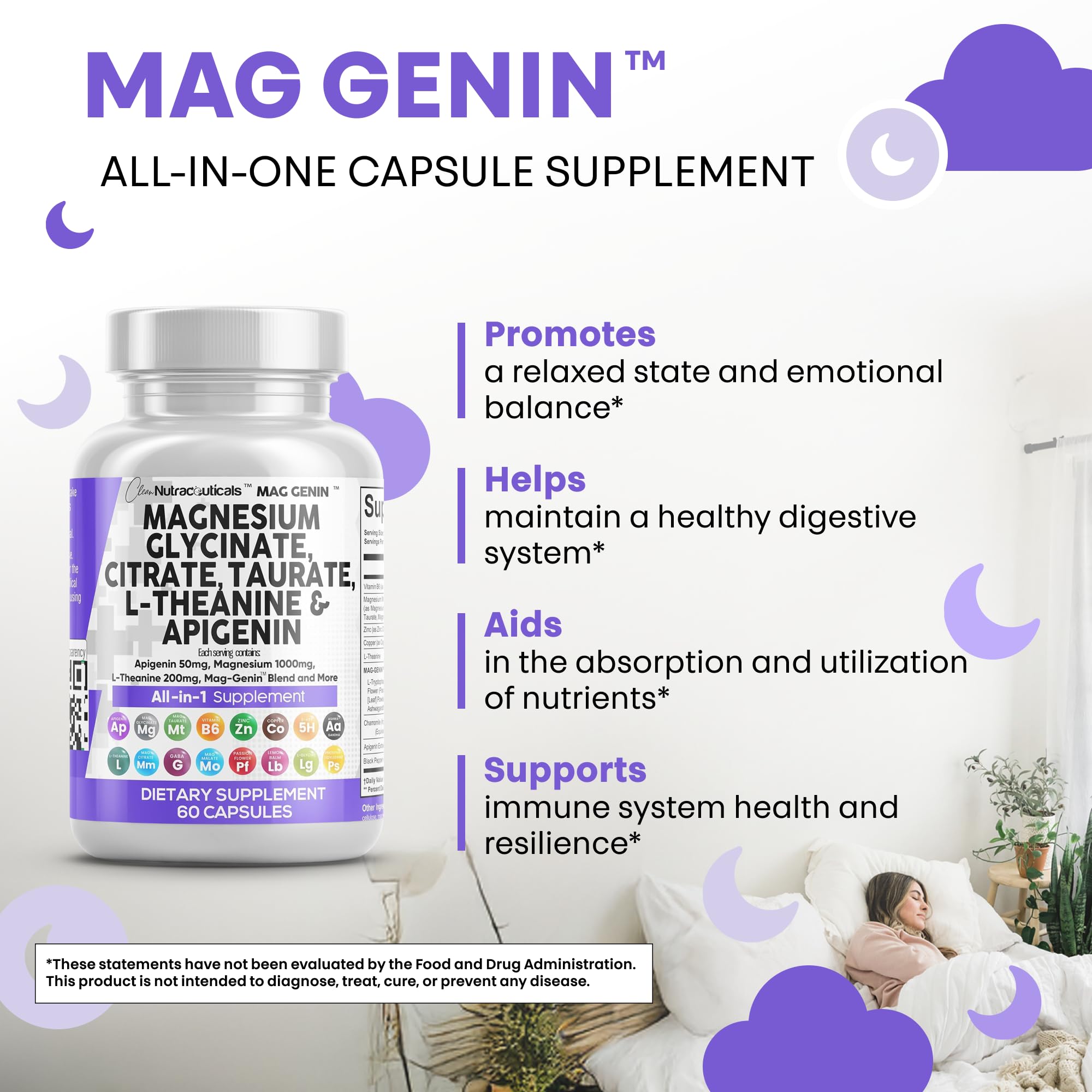 Clean Nutraceuticals Magnesium Glycinate Complex 1000mg with L-Theanine 200mg Apigenin 50mg Citrate Taurate Supplement - 5-HTP GABA Passion Flower Lemon Balm L-Glycine Phosphatidylserine - 60 Count