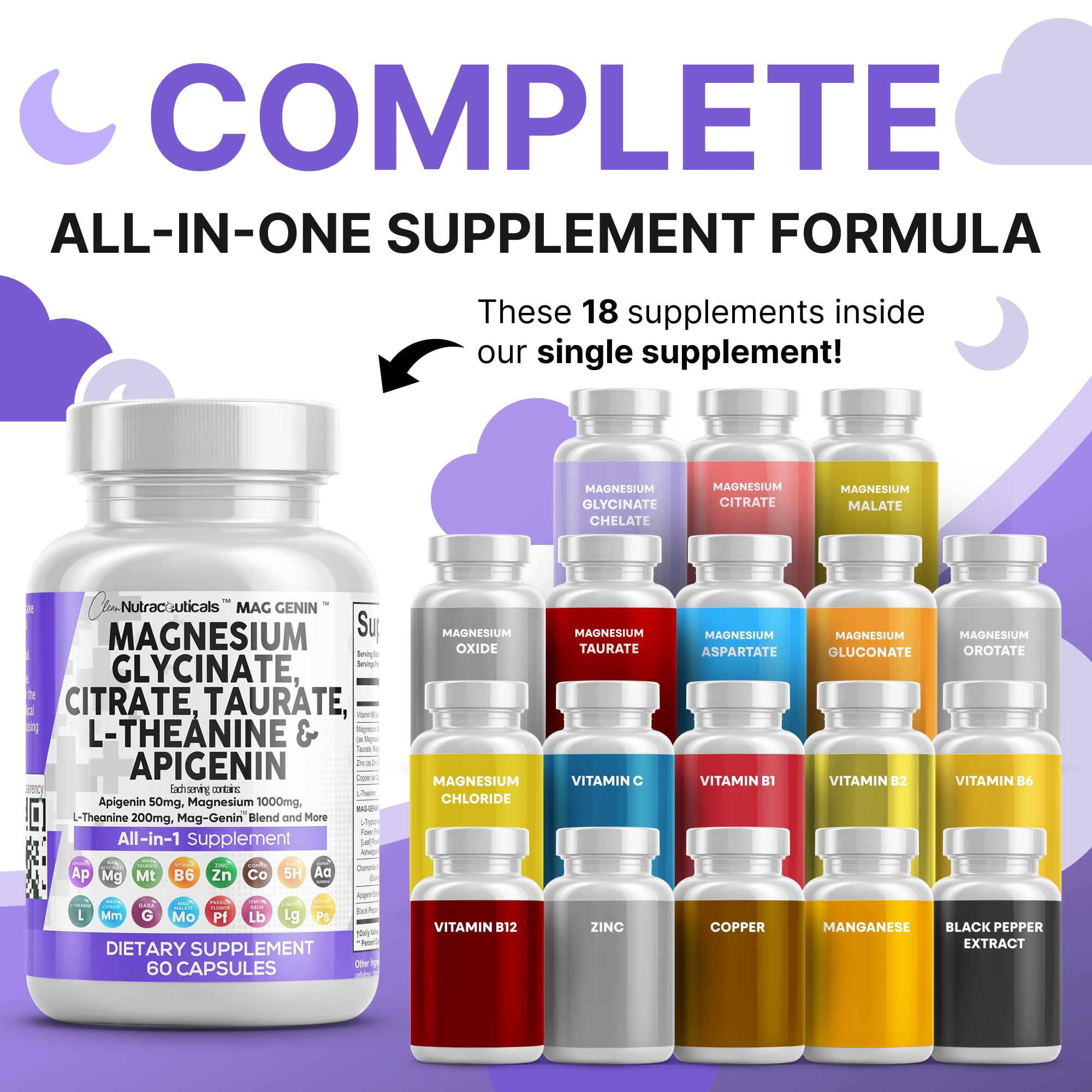 Clean Nutraceuticals Magnesium Glycinate Complex 1000mg with L-Theanine 200mg Apigenin 50mg Citrate Taurate Supplement - 5-HTP GABA Passion Flower Lemon Balm L-Glycine Phosphatidylserine - 60 Count