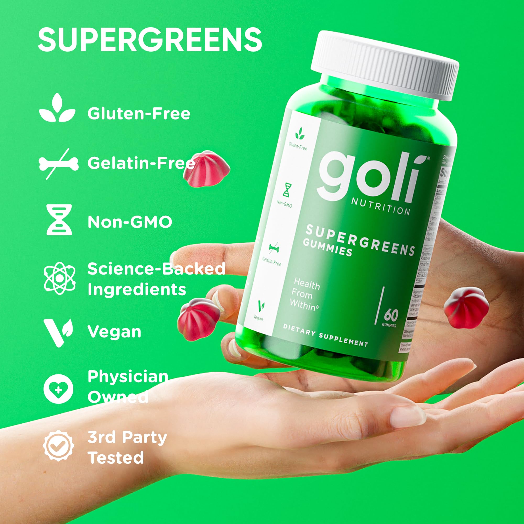 Goli Supergreens Gummies with Probiotics, 60 Count Each (2 Pack, 120 Total) - Artichoke Leaf Extract, Spirulina, Kale, Vitamins A, B6, B12 - Vegan, Gluten-Free, Non-GMO