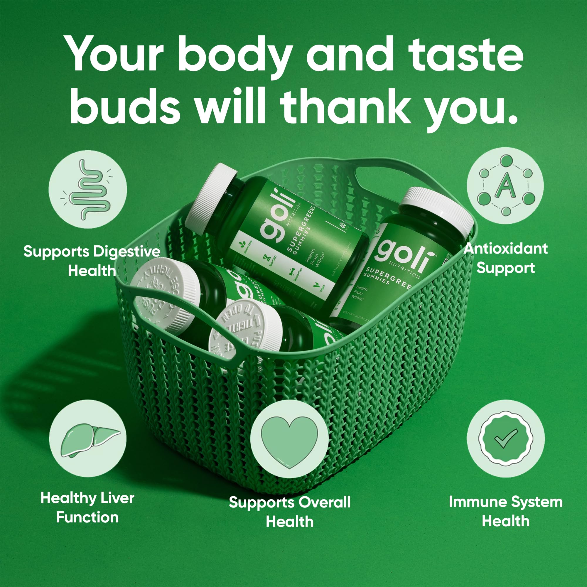 Goli Supergreens Gummies with Probiotics, 60 Count Each (2 Pack, 120 Total) - Artichoke Leaf Extract, Spirulina, Kale, Vitamins A, B6, B12 - Vegan, Gluten-Free, Non-GMO