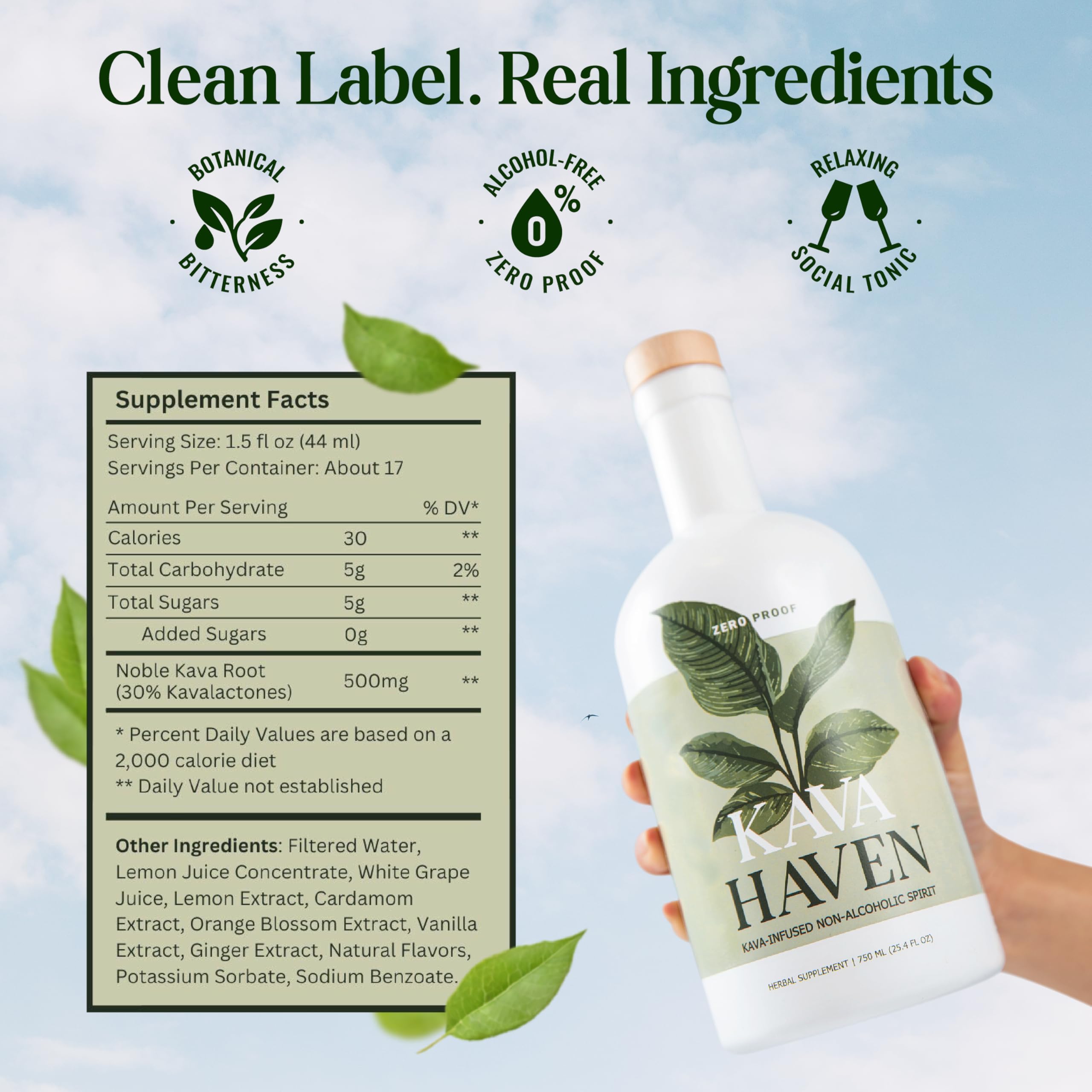 Kava Haven Non Alcoholic Spirit, 750mL Bottle | Kava Kava Drink | Non Alcohol Alternative Spirit for Mixed Drink Recipes | Low Calorie | All Natural | - Lemon Ginger Flavor (17 Servings)