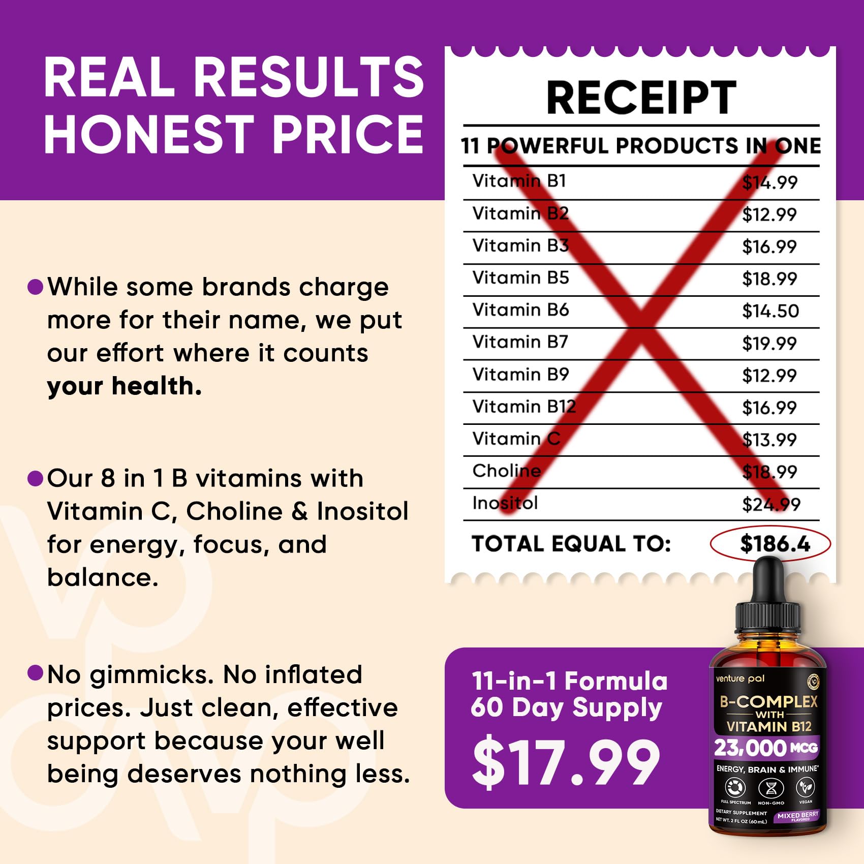 Venture Pal Vitamin B Complex Liquid Drops, B12 Methylcobalamin | B9 Folic | B1,B2,B3,B5,B6,B16 - Vitamin C, Choline, Inositol, Immune & Energy Metabolism, Brain & Heart Support