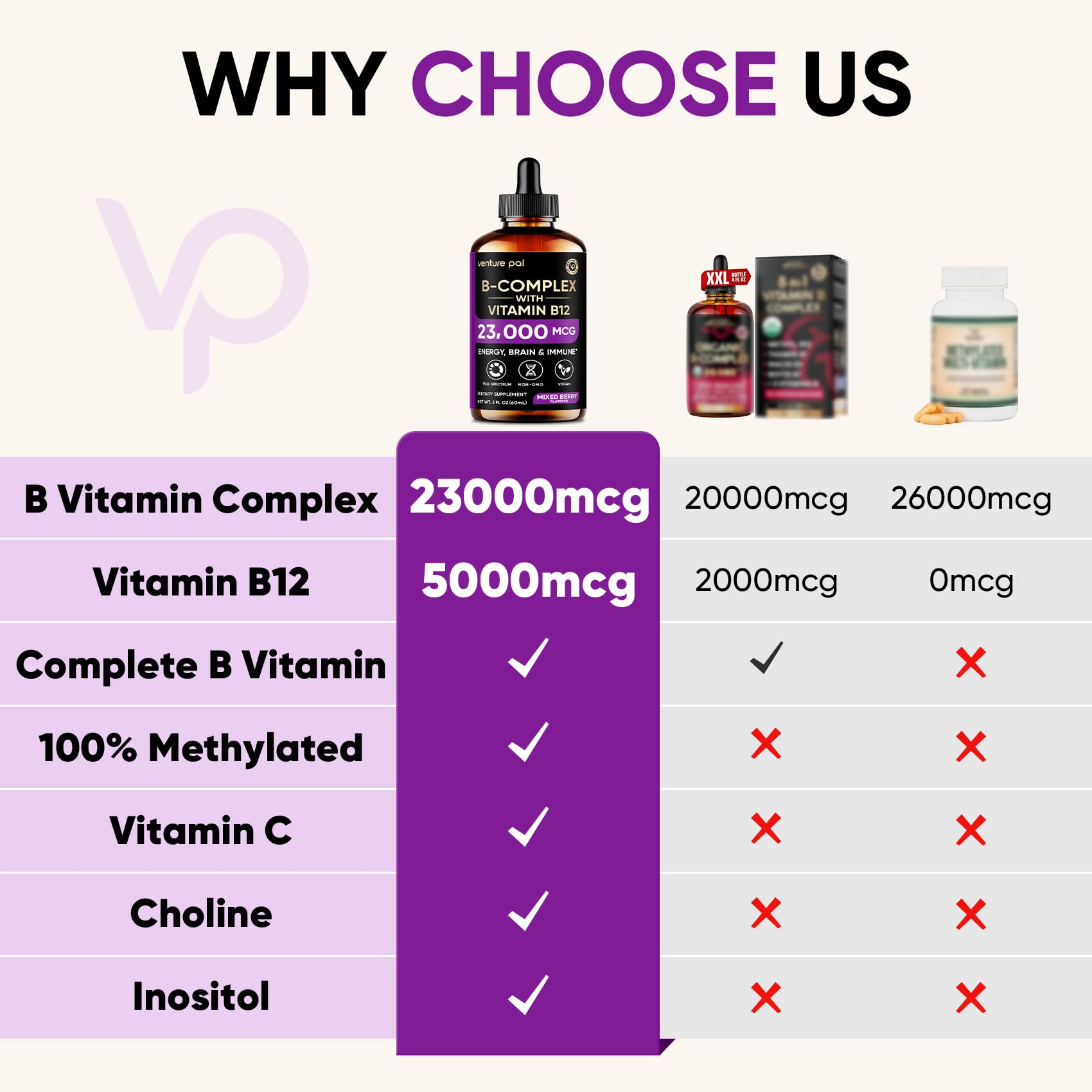 Venture Pal Vitamin B Complex Liquid Drops, B12 Methylcobalamin | B9 Folic | B1,B2,B3,B5,B6,B16 - Vitamin C, Choline, Inositol, Immune & Energy Metabolism, Brain & Heart Support