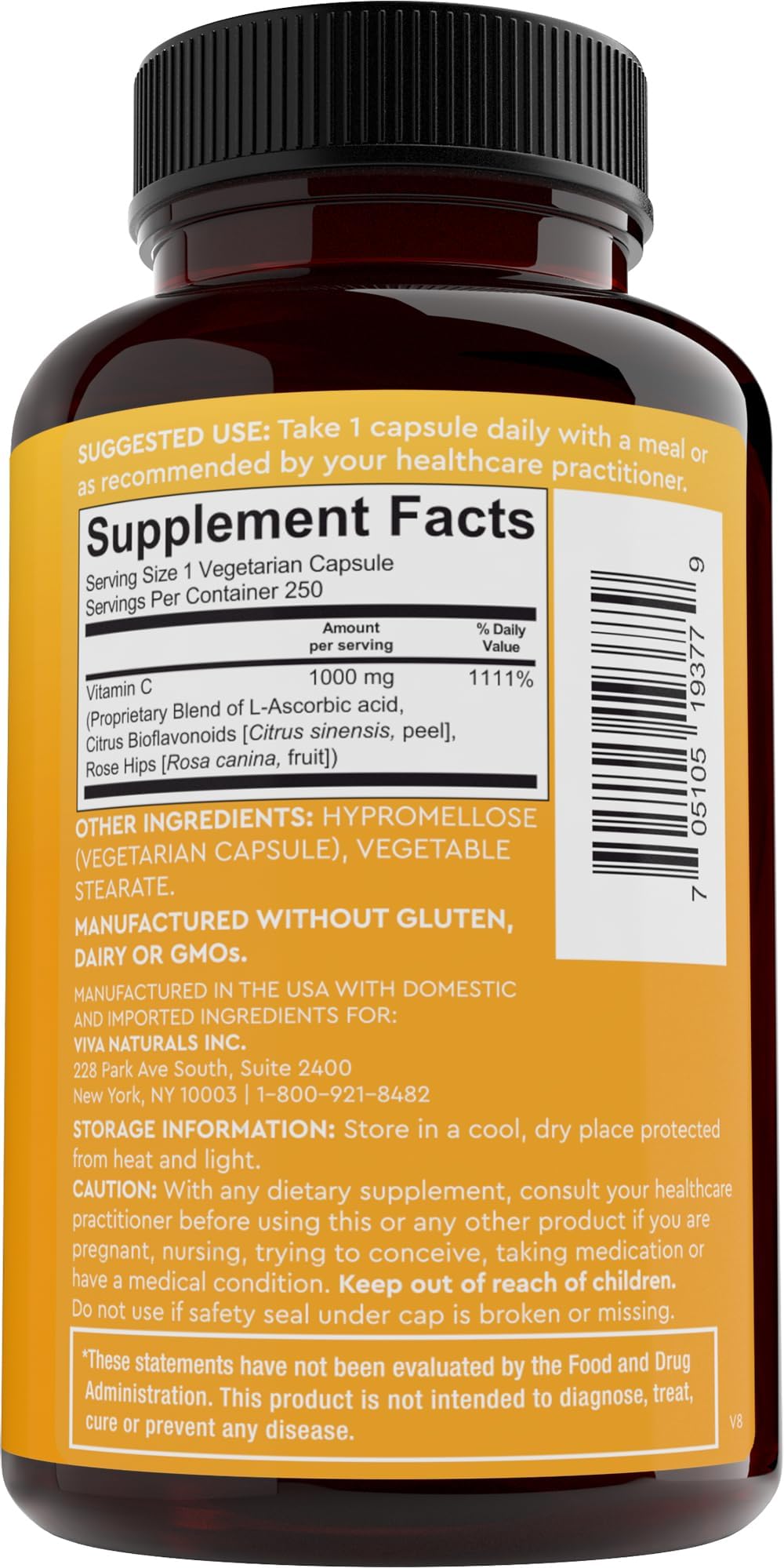 Viva Naturals Vitamin C, 1000 mg, 250 Vegetarian Capsules – with Citrus Bioflavonoids & Rose HIPS, Non-GMO for Immune Support & Antioxidant Protection