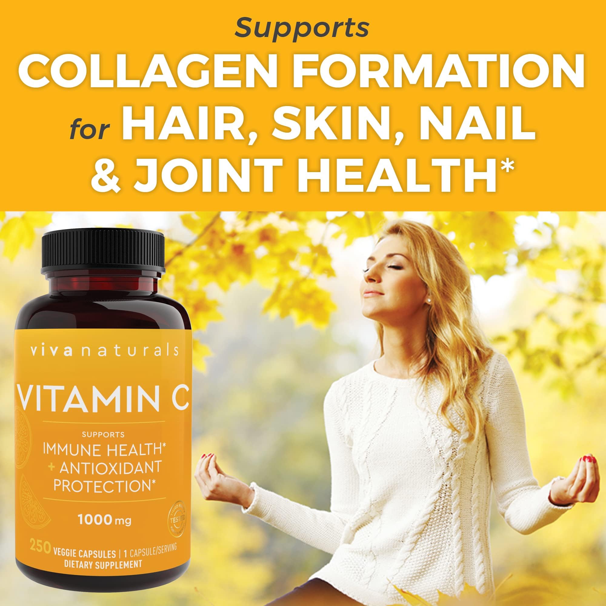 Viva Naturals Vitamin C, 1000 mg, 250 Vegetarian Capsules – with Citrus Bioflavonoids & Rose HIPS, Non-GMO for Immune Support & Antioxidant Protection