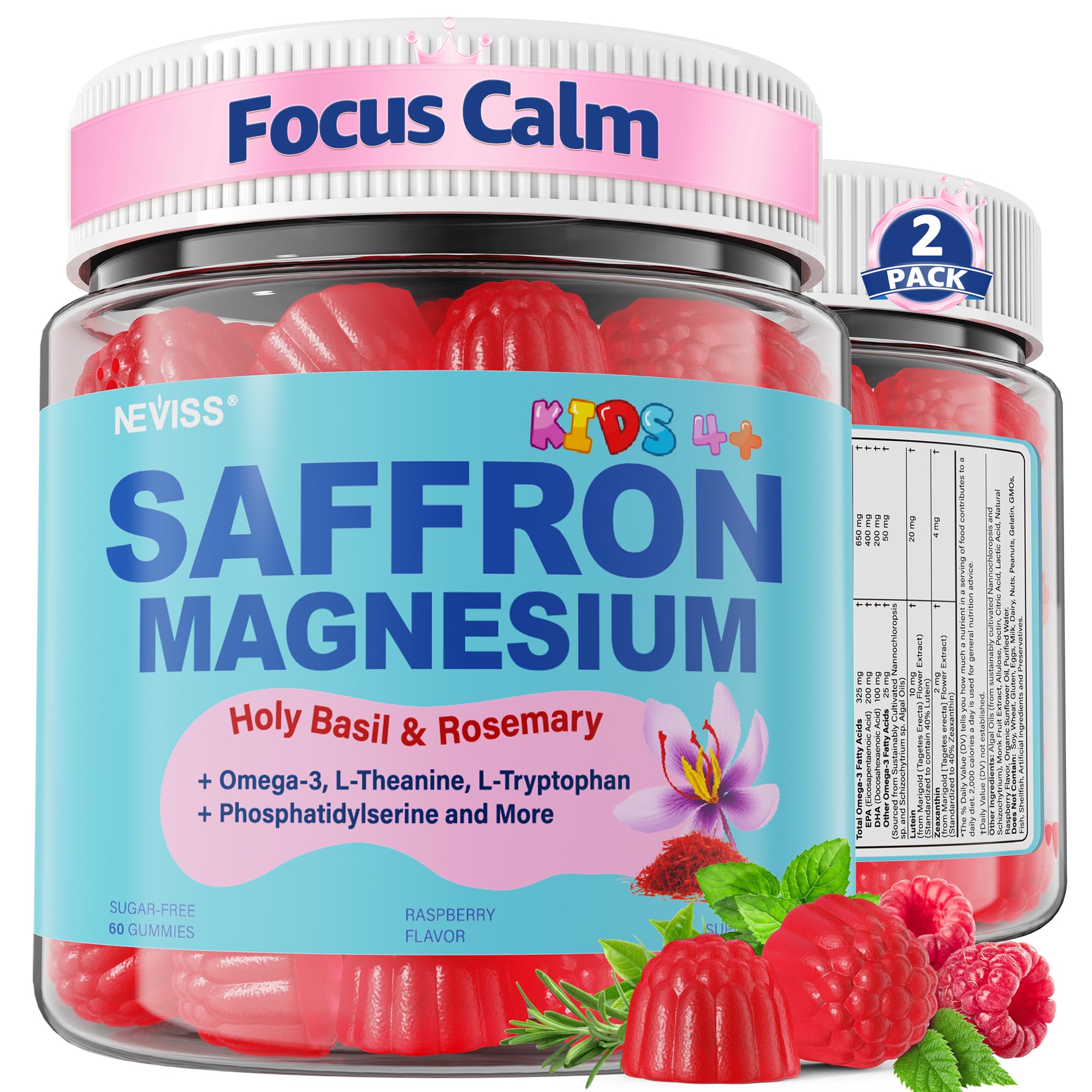 Saffron +Magnesium Glycinate +Omega-3 - Calm Focus Gummies for Kids 4+, Saffron Extract Supplement with L-Theanine, Holy Basil, Rosemary, B6, D3 for Happy Mood, Cognition, ZZz, Sugar Free, 2 Pack