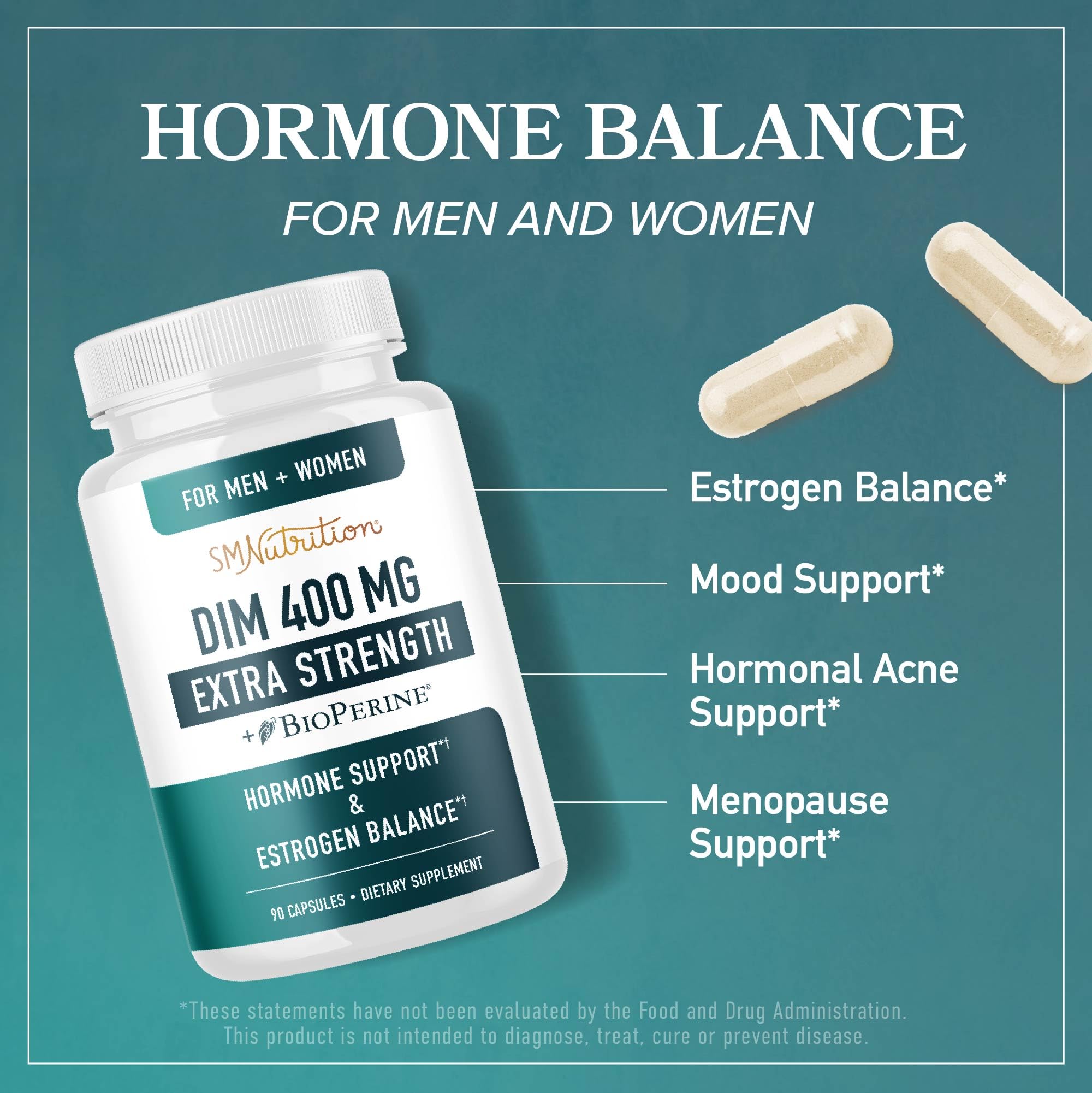 DIM Supplement 400MG Extra Strength | Hormone Balance for Men and Women | Menopause, Acne, Hot Flashes Relief, Prostate Support & Antioxidant Support | Soy-Free, Gluten-Free | SMNutrition | 90 Ct.