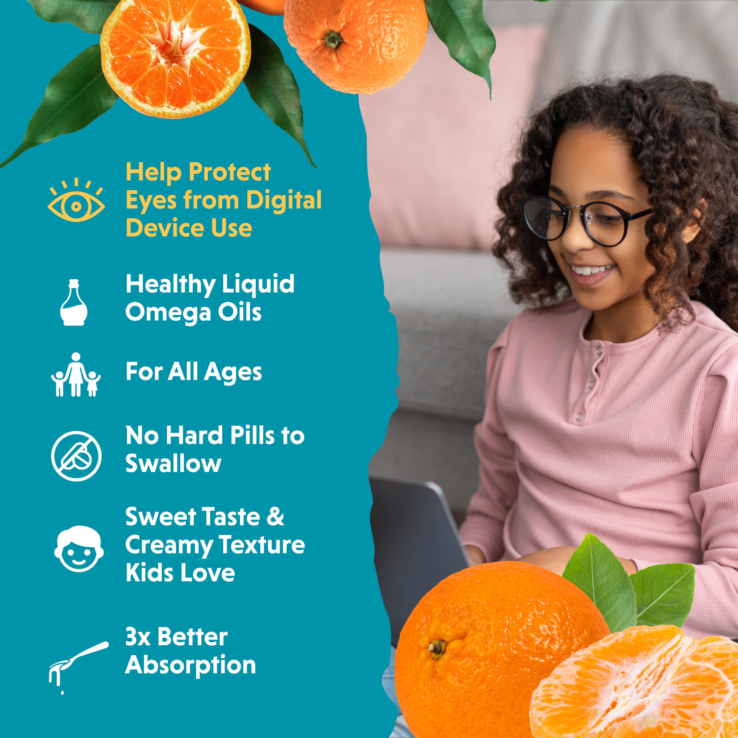 Barlean's Omega Pals Eye Health Liquid, Tangerine Flavored Omega 3 for Kids, Fish Oil Supplement with 500 mg of EPA & DHA Plus Lutein & Zeaxanthin Vitamins for Blue Light Support, 8 oz