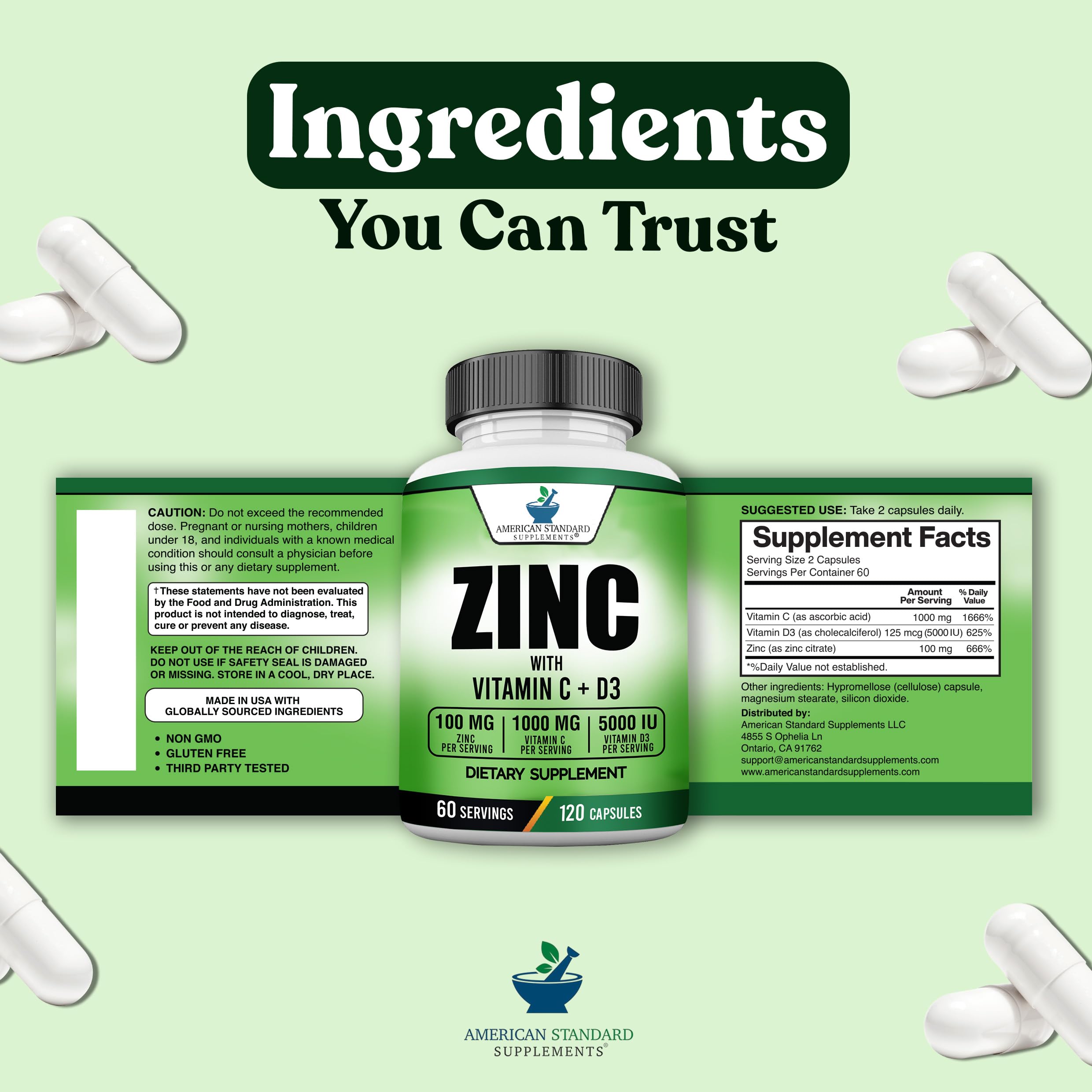 American Standard Supplements Zinc 100mg, Vitamin C 1000mg, and Vitamin D3 5000 IU (125mcg) Per Serving - Gluten Free, Non-GMO, 120 Capsules, 60 Servings