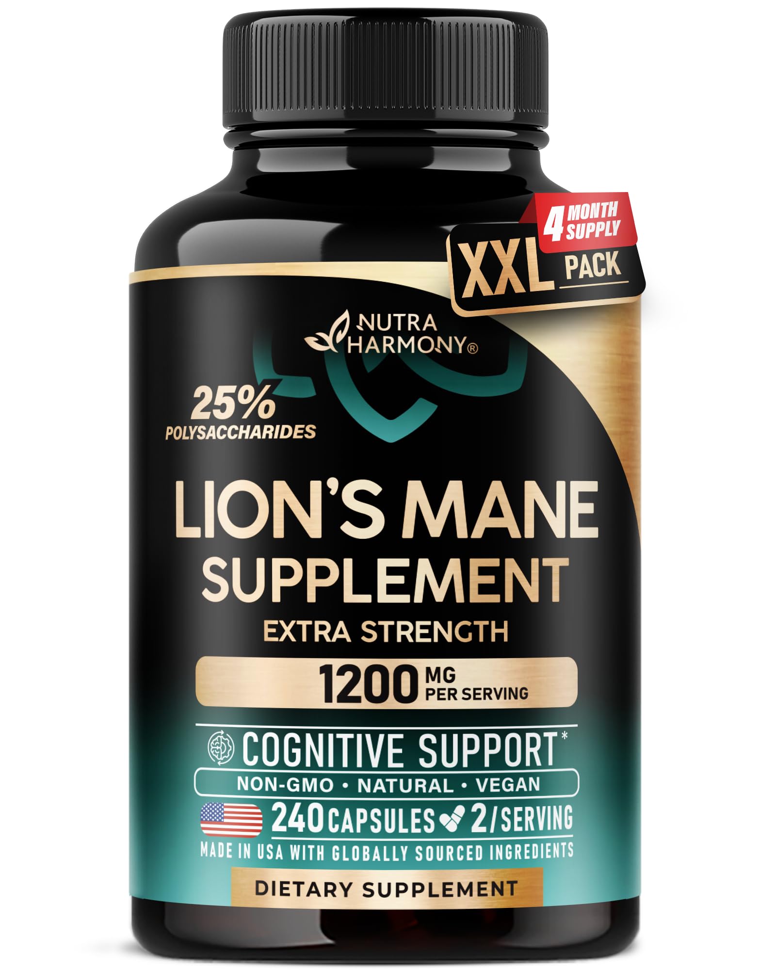 Lions Mane Supplement Capsules - Organic Lions Mane - Made in USA - Fruiting Bodies Extract - 1200 mg, 25% Polysaccharides - Memory & Focus Support - As Lions Powder - 240 Capsules, 4 Month Supply