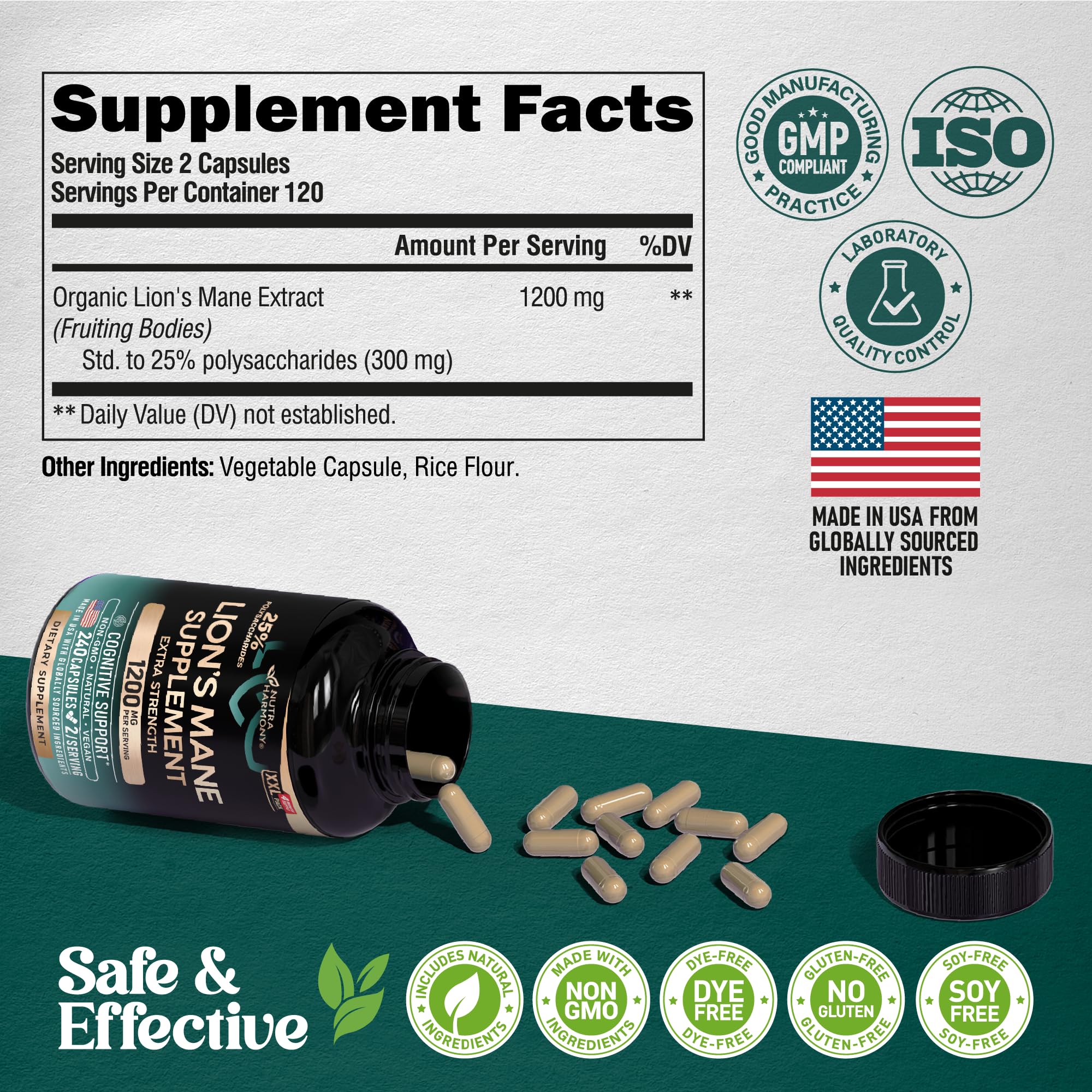 Lions Mane Supplement Capsules - Organic Lions Mane - Made in USA - Fruiting Bodies Extract - 1200 mg, 25% Polysaccharides - Memory & Focus Support - As Lions Powder - 240 Capsules, 4 Month Supply