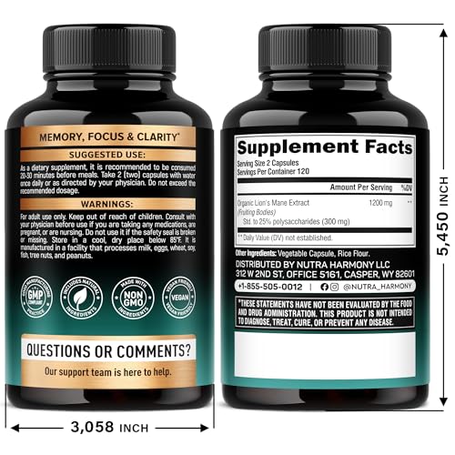Lions Mane Supplement Capsules - Organic Lions Mane - Made in USA - Fruiting Bodies Extract - 1200 mg, 25% Polysaccharides - Memory & Focus Support - As Lions Powder - 240 Capsules, 4 Month Supply