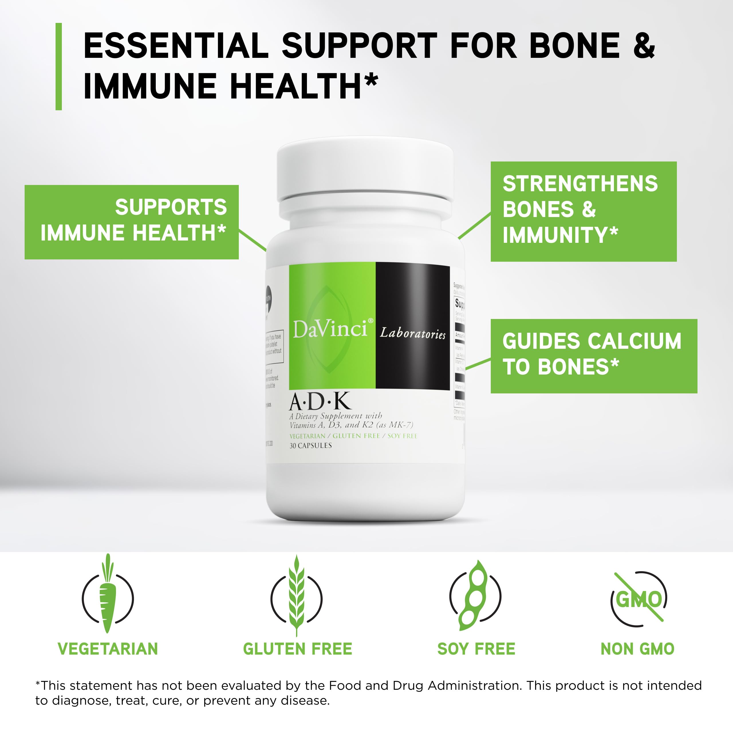 DAVINCI Labs ADK - Helps Support Bone, Heart & Immune Health - Dietary Supplement with Vitamins A, D3 & K2 (as MK-7) - Vegetarian, Gluten Free & Soy Free - 30 Capsules