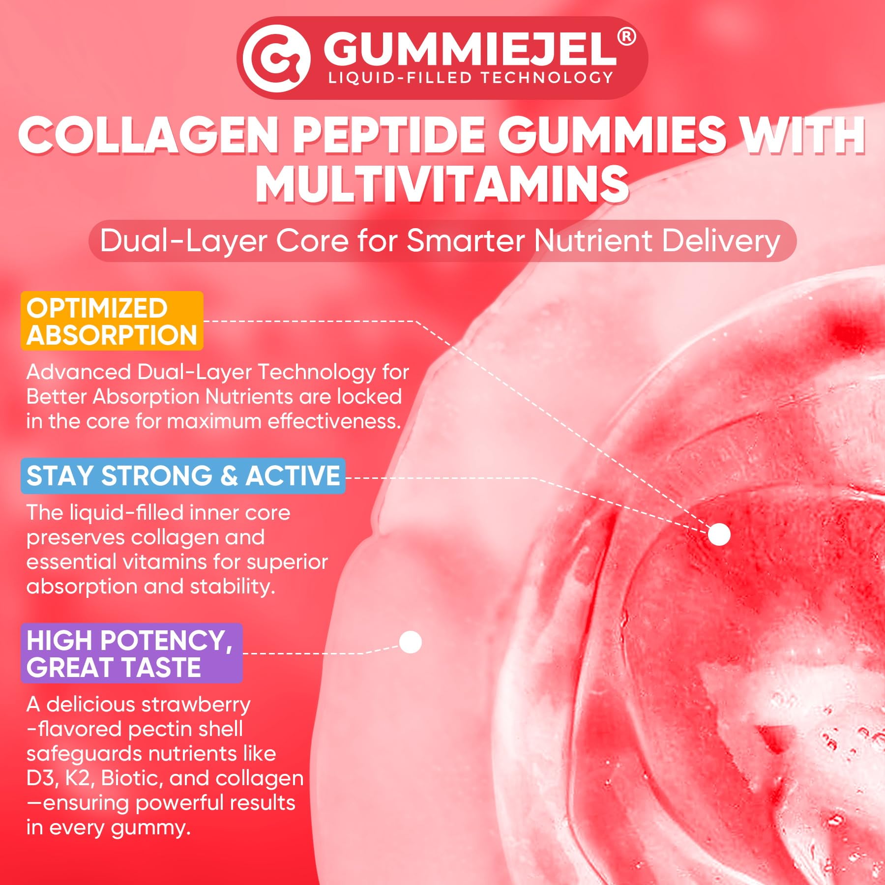 2Pack Sugar-Free Hydrolyzed Collagen Peptide Filled Gummies for Women & Men, with 1500mg Protein Type I,II,III,V,X, 5000mcg Biotin Vitamin C A E D3 B6 B12 for Immune Digestion Skin Hair Nails, Bone