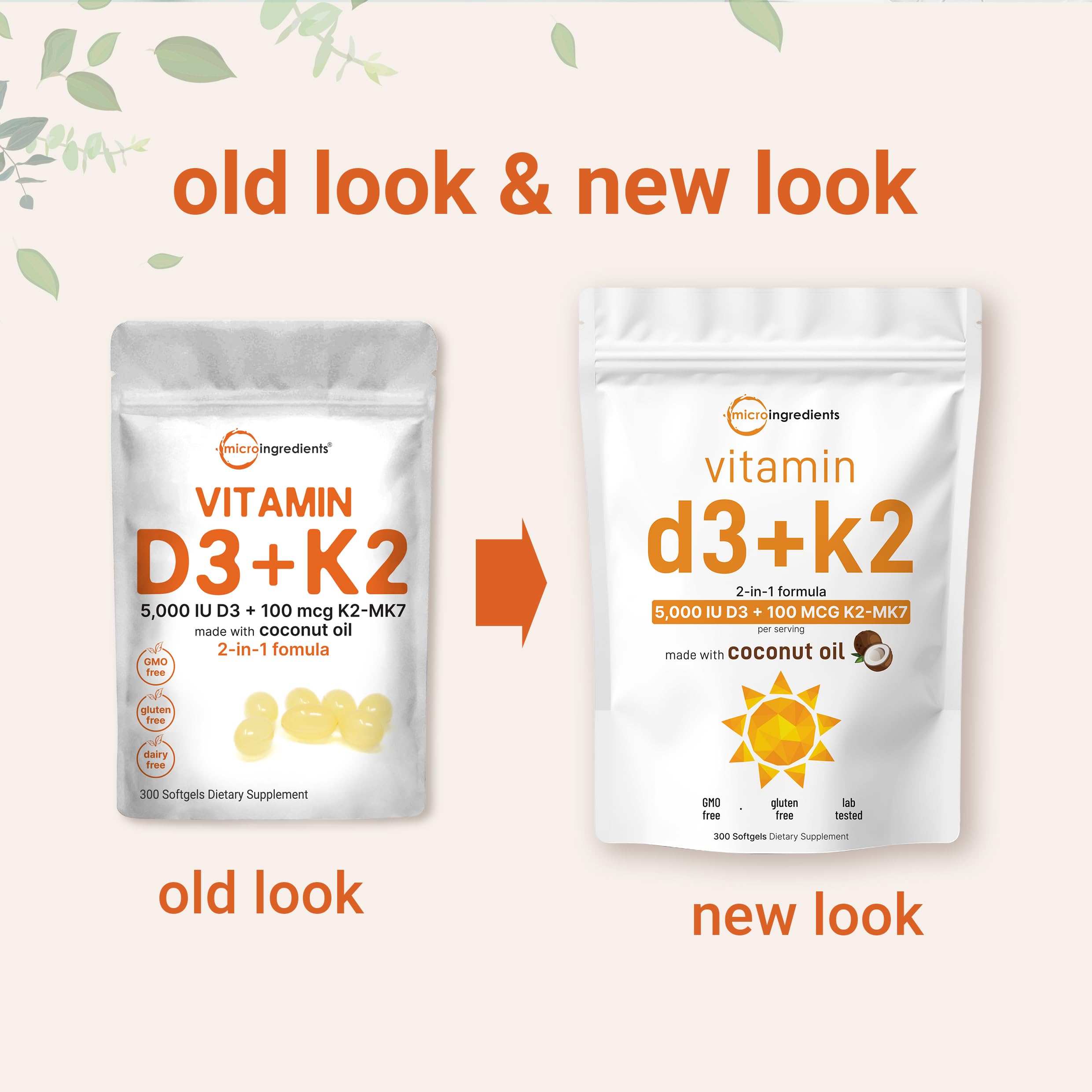 Micro Ingredients Vitamin D3 5,000 IU + K2 MK-7 100 mcg, 300 Softgels | Virgin Coconut Oil | 2-in-1 Support | Easy to Swallow, Non-GMO