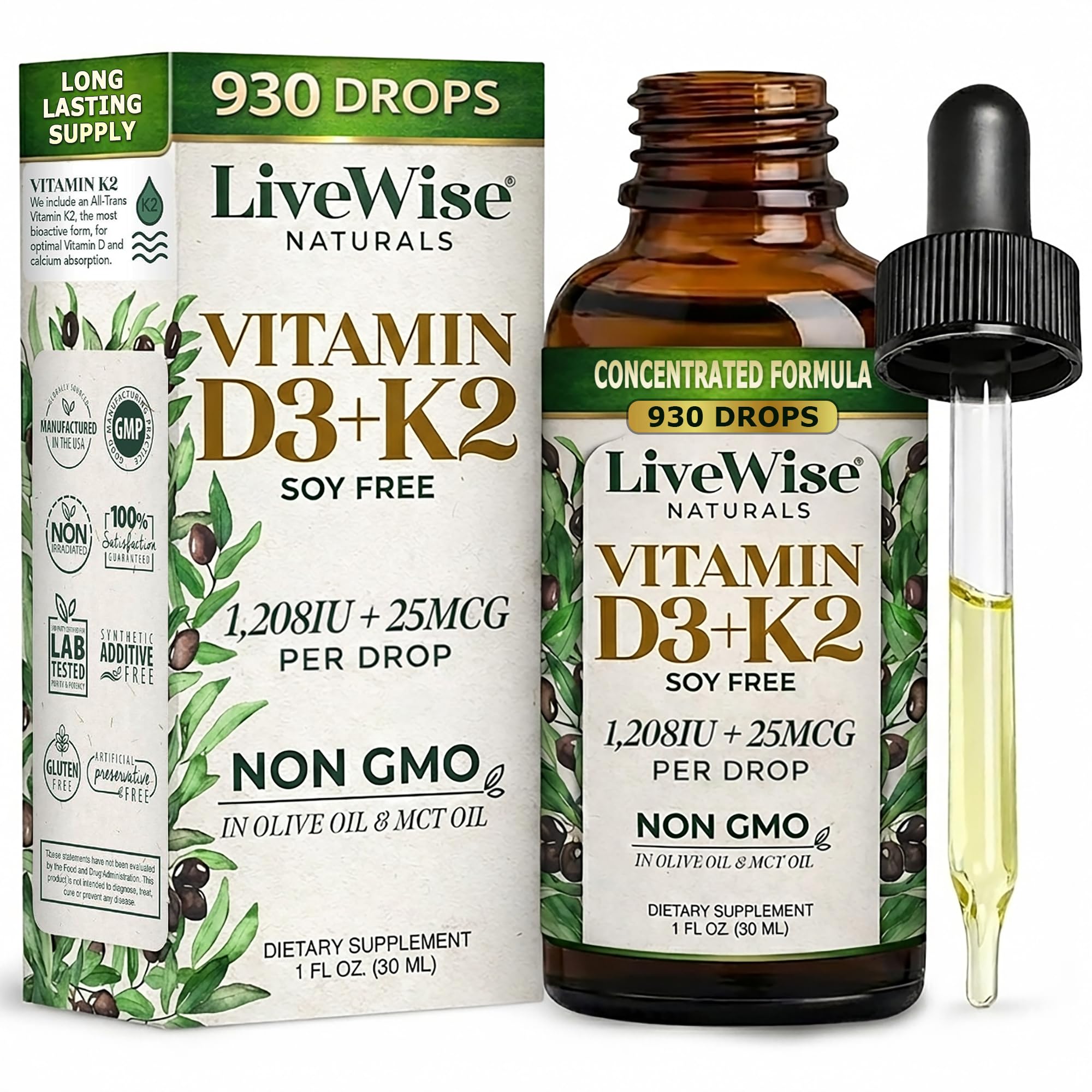 Live Wise Naturals Vitamin D3+K2 Liquid Drops - Organic MCT Oil Formula for Adults, Kids & Toddlers - Easy Absorption 1208 IU Vitamin D3 & 25 mcg K2 (mk7) for Immune Support & Bone Health - No flavour