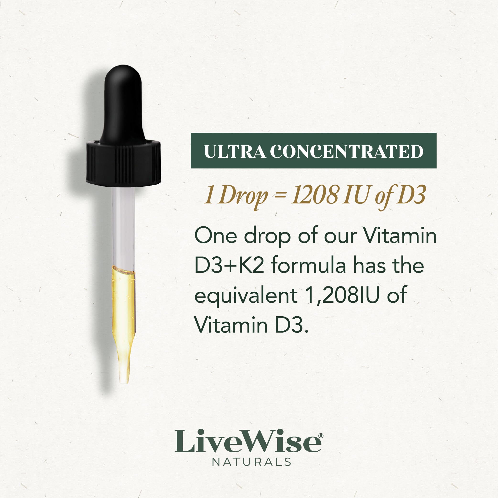 Live Wise Naturals Vitamin D3+K2 Liquid Drops - Organic MCT Oil Formula for Adults, Kids & Toddlers - Easy Absorption 1208 IU Vitamin D3 & 25 mcg K2 (mk7) for Immune Support & Bone Health - No flavour