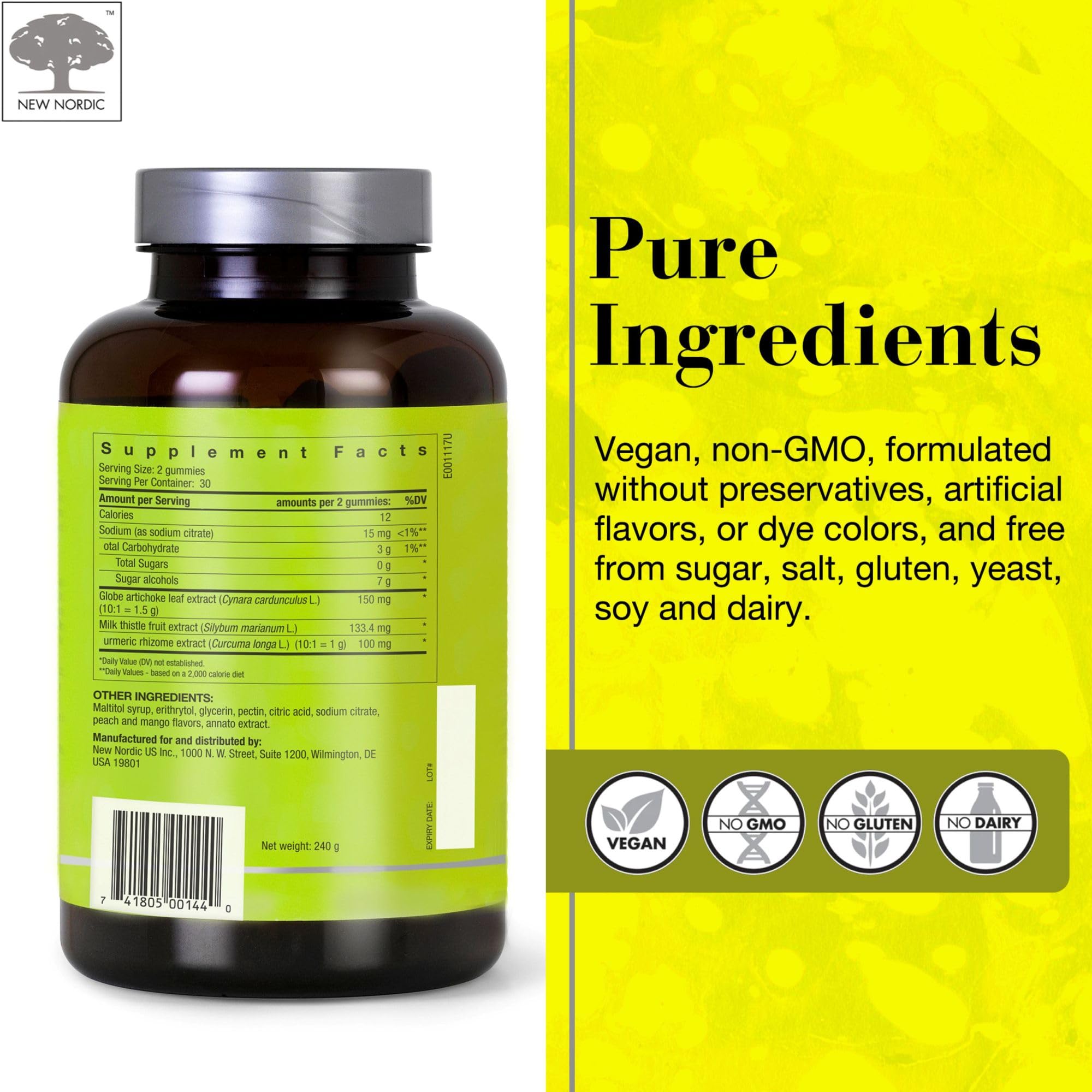 NEW NORDIC Active Liver Gummies, Milk Thistle, Artichoke & Turmeric Supplement, Natural Peach Mango Flavor, Sugar Free & Vegan, 60 Count (Pack of 1)