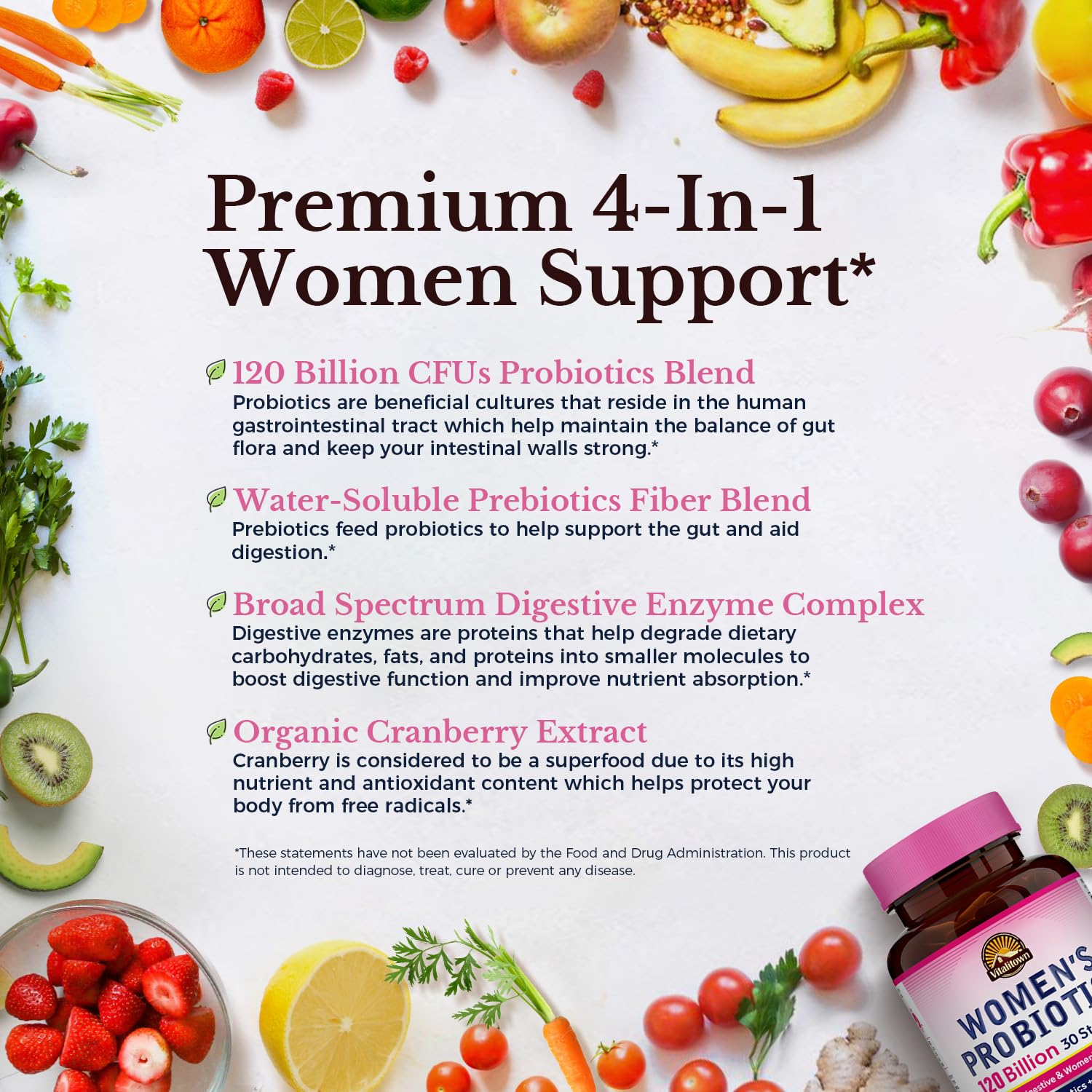 Vitalitown Probiotics for Women 120 Billion CFUs, 30 Strains, with Prebiotics & Digestive Enzymes & Cranberry, Gut & Vaginal Health, Vegan 30 (Pack of 1) Delayed Release Caps