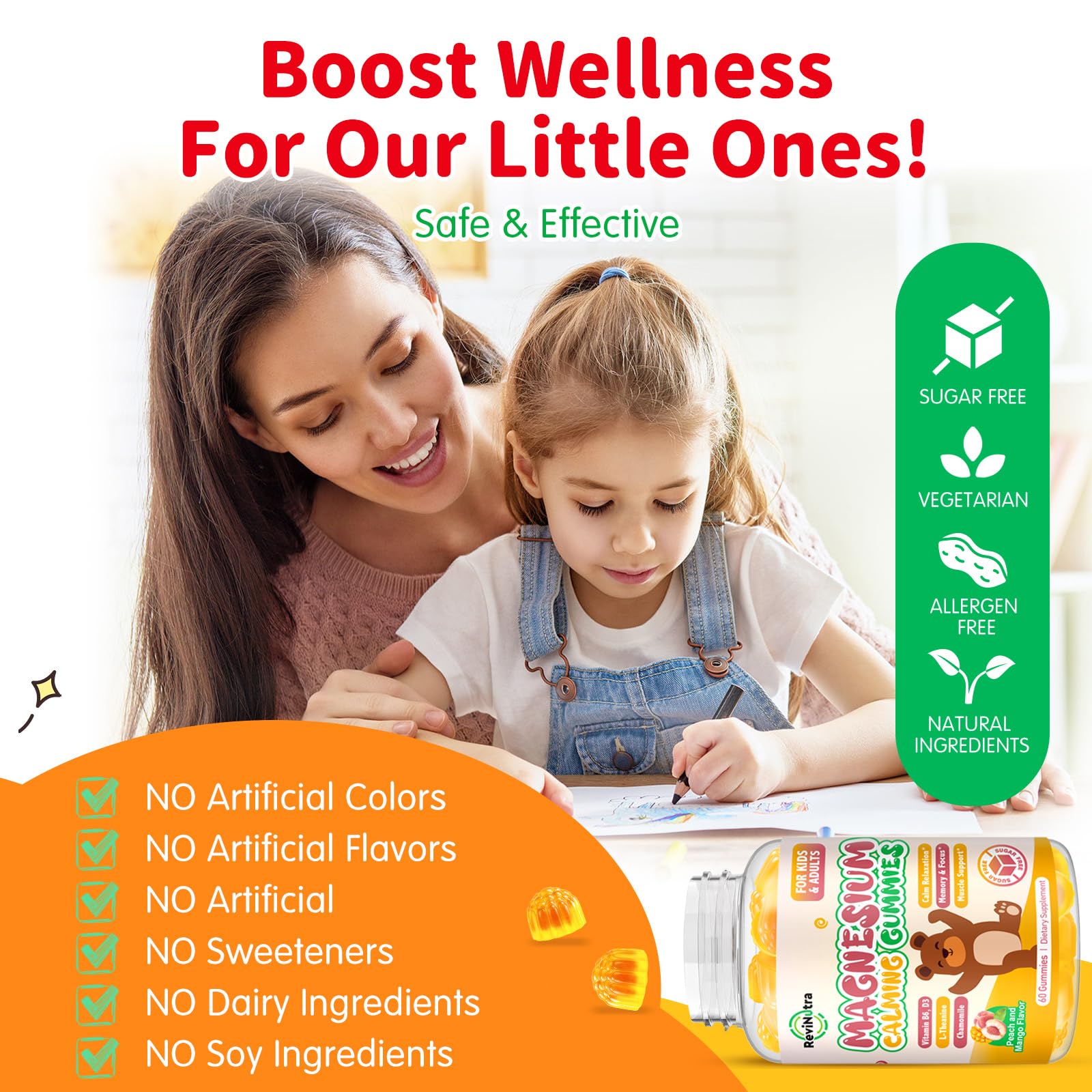 Magnesium Gummies for Kids - Magnesium Glycinate Gummies with L-Theanine, Vitamin B6, D3 for Kids & Adults Sleep, Calm, Relaxation, Stress, Brain, Bones, Muscle Relief, Sugar Free Peach & Mango 60ct