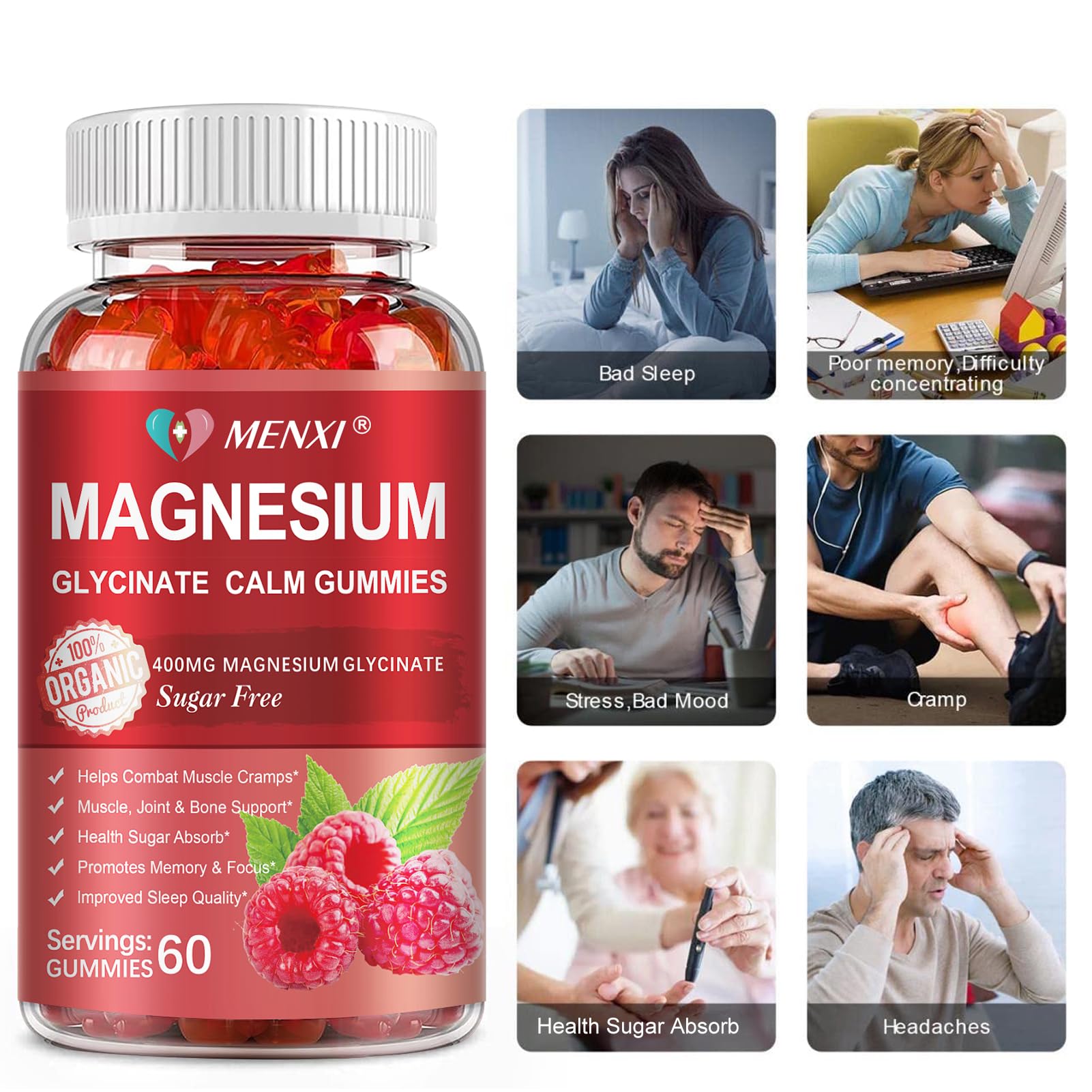 Magnesium Gummies 600mg per Serving-Magnesium Glycinate 400mg and Magnesium Malate 200mg,Sugar Free Magnesium Potassium Supplement for Calm Mood, Muscle, Bone & Energy Support,120 Raspberry Gummies