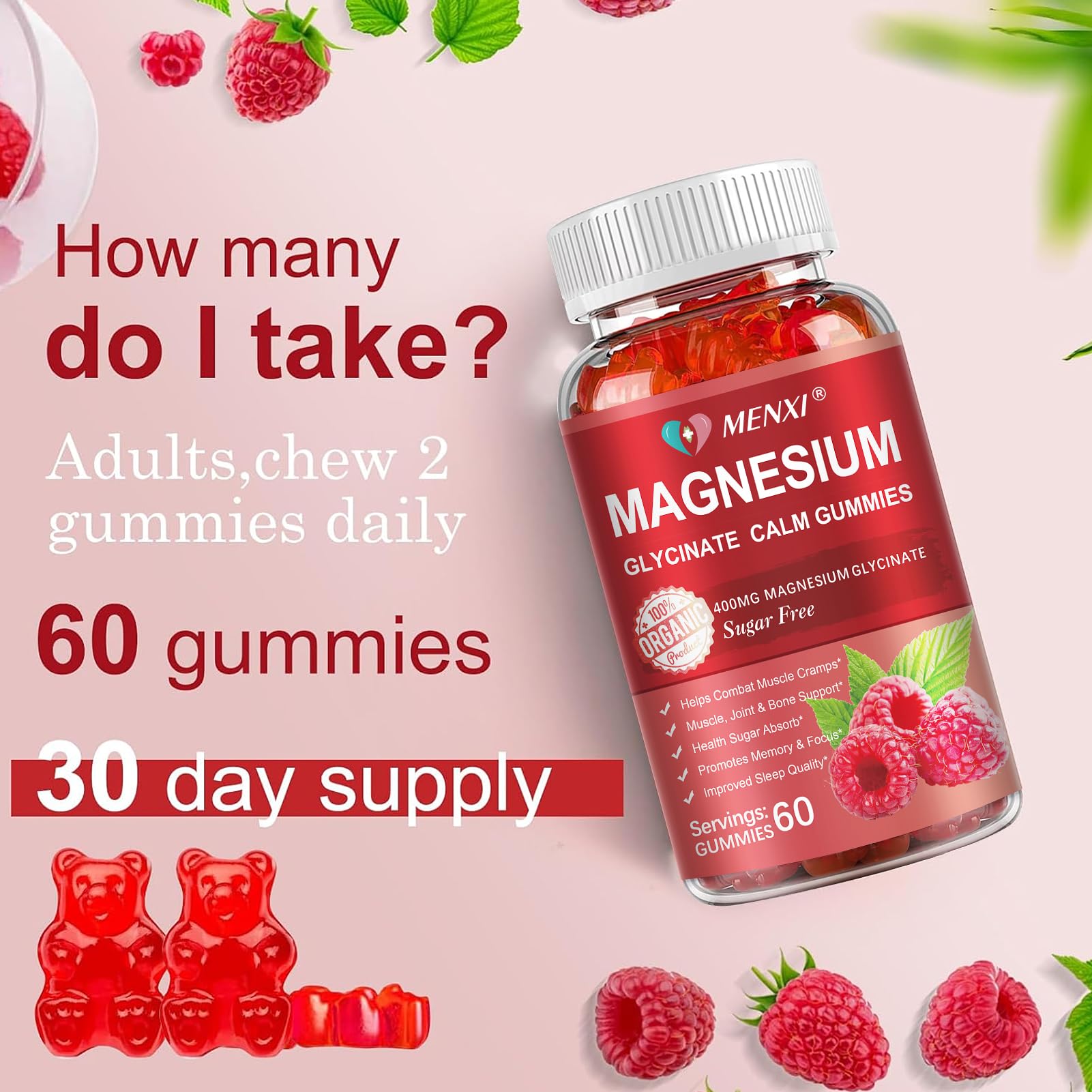 Magnesium Gummies 600mg per Serving-Magnesium Glycinate 400mg and Magnesium Malate 200mg,Sugar Free Magnesium Potassium Supplement for Calm Mood, Muscle, Bone & Energy Support,120 Raspberry Gummies