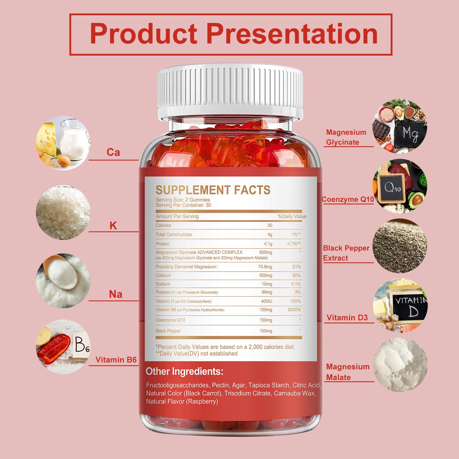 Magnesium Gummies 600mg per Serving-Magnesium Glycinate 400mg and Magnesium Malate 200mg,Sugar Free Magnesium Potassium Supplement for Calm Mood, Muscle, Bone & Energy Support,120 Raspberry Gummies