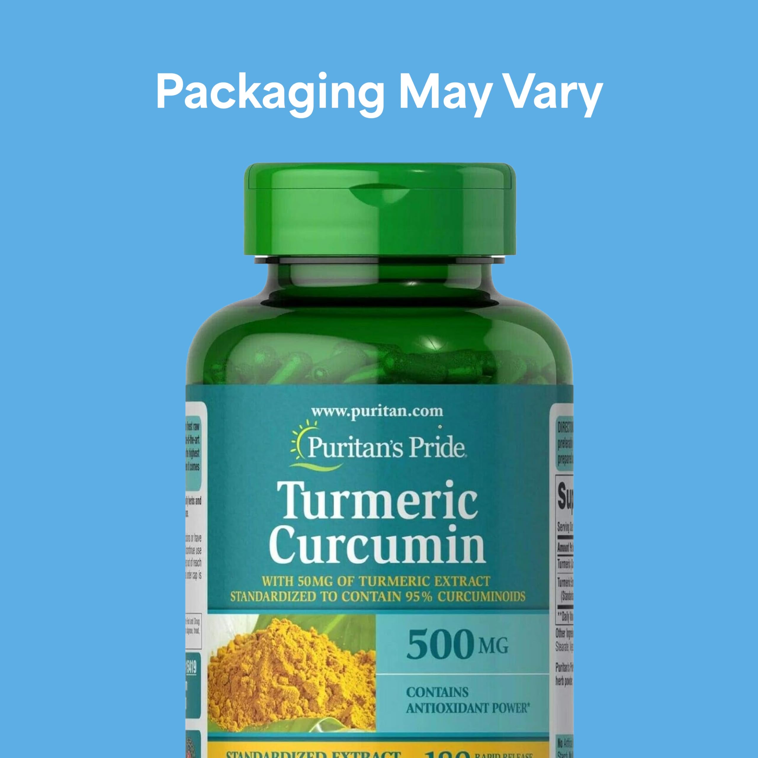 Puritan's Pride Turmeric Curcumin 500mg, Standarized to 95% Cucuminoids, Herbal Dietary Supplement for Antioxidant Health, 180 Radpid Release Capsules, Pack of 2