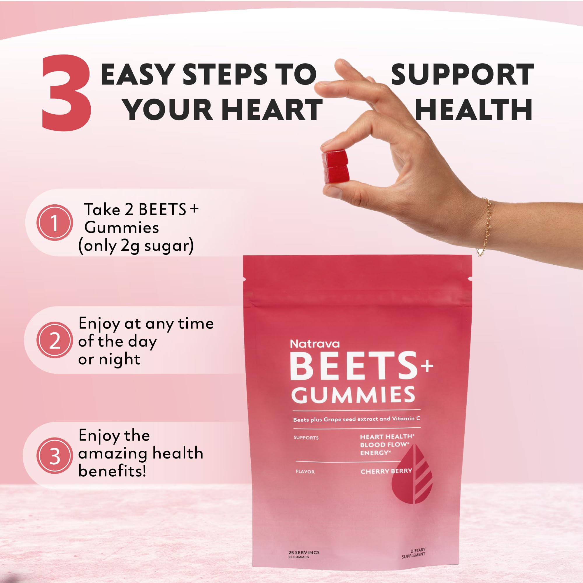 Natrava Beets+ Gummies - Premium Beet Root Powder, Grape Seed Extract and Vitamin C - Supports Healthy Blood Pressure and Heart Health - Low Sugar Nitric Oxide and Circulation Supplement - 50 Gummies