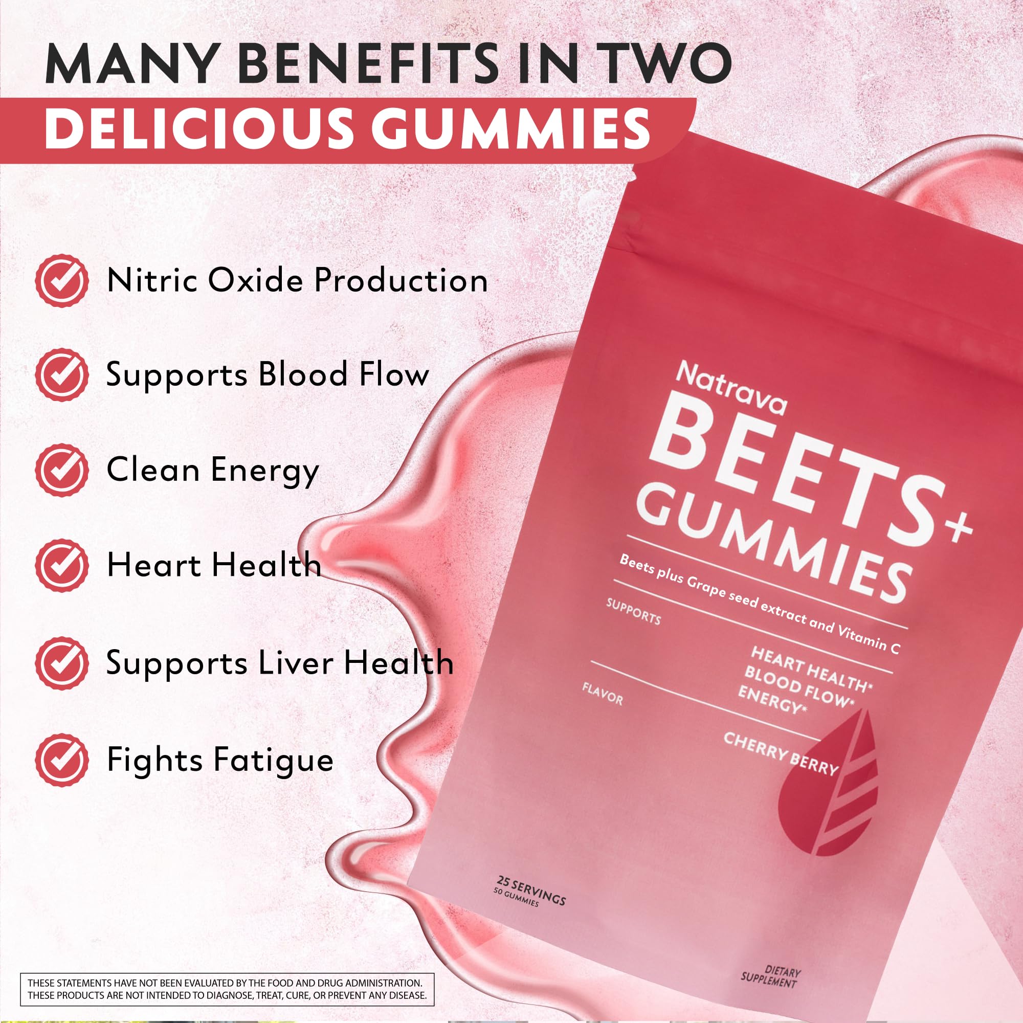 Natrava Beets+ Gummies - Premium Beet Root Powder, Grape Seed Extract and Vitamin C - Supports Healthy Blood Pressure and Heart Health - Low Sugar Nitric Oxide and Circulation Supplement - 50 Gummies