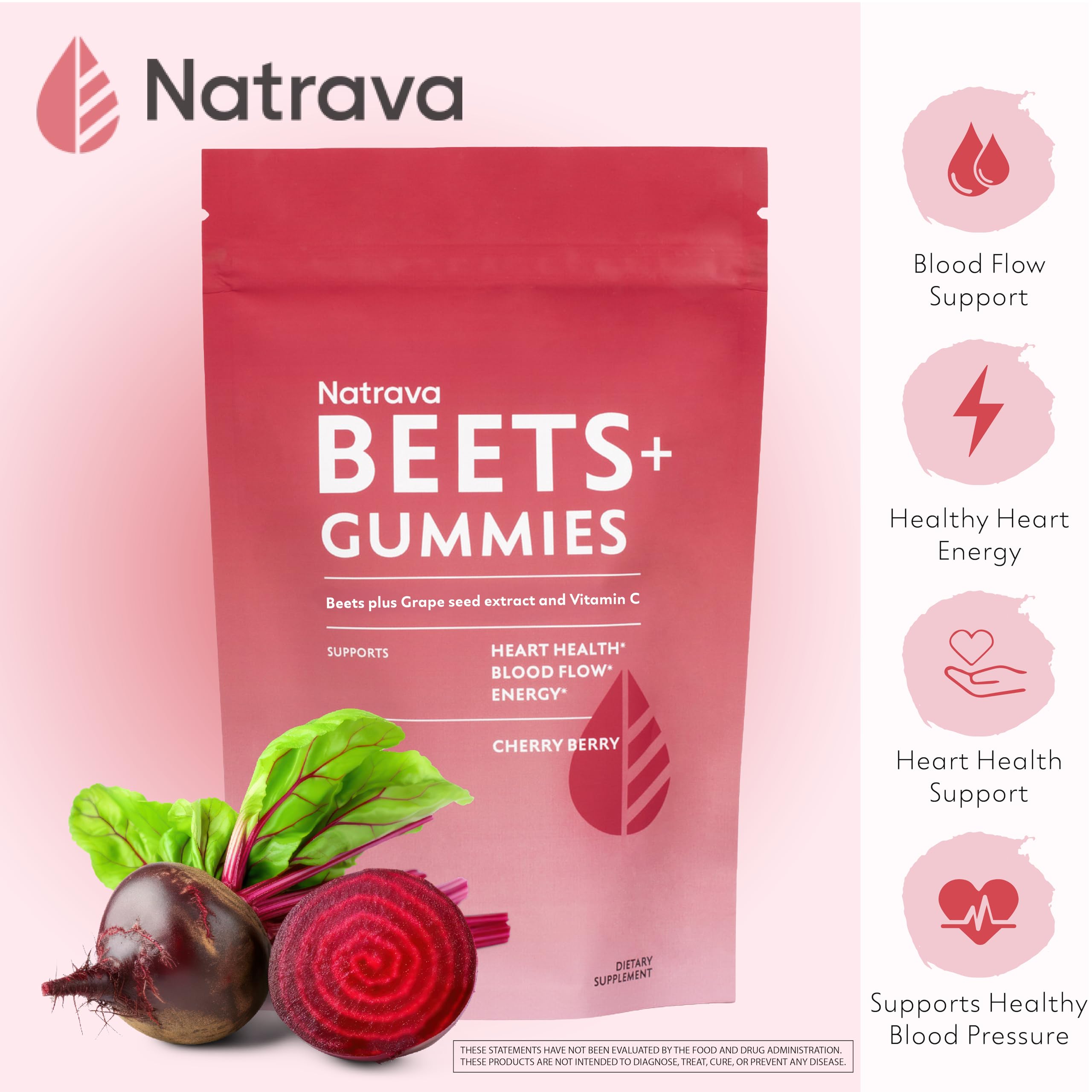 Natrava Beets+ Gummies - Premium Beet Root Powder, Grape Seed Extract and Vitamin C - Supports Healthy Blood Pressure and Heart Health - Low Sugar Nitric Oxide and Circulation Supplement - 50 Gummies
