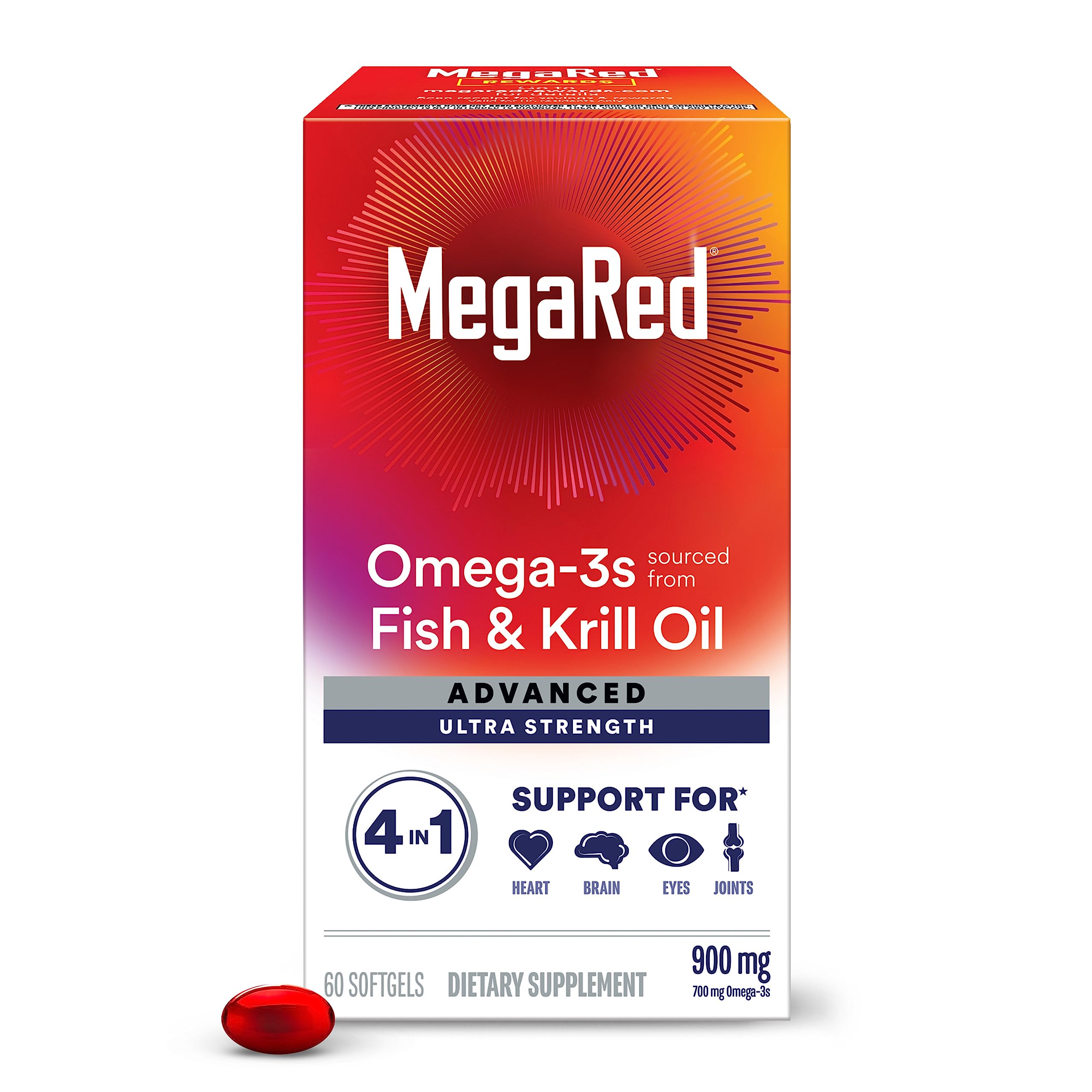 Megared Omega-3 Fish & Krill Oil Supplement 900mg - MegaRed Advanced 4in1, 60 softgels, 2x More Omega-3, Heart, Joint, Brain and Eye Supplement, Red, 60 Count