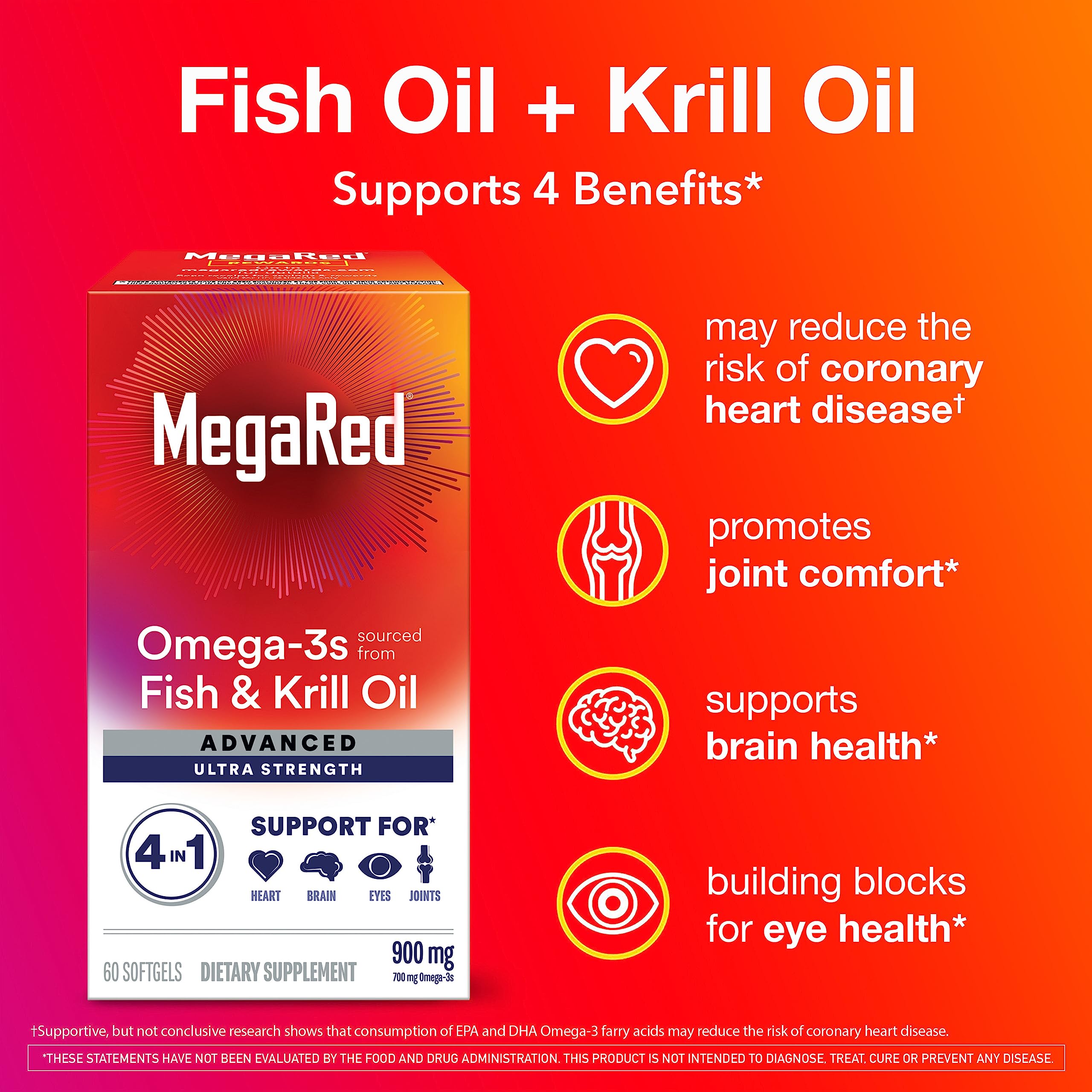 Megared Omega-3 Fish & Krill Oil Supplement 900mg - MegaRed Advanced 4in1, 60 softgels, 2x More Omega-3, Heart, Joint, Brain and Eye Supplement, Red, 60 Count