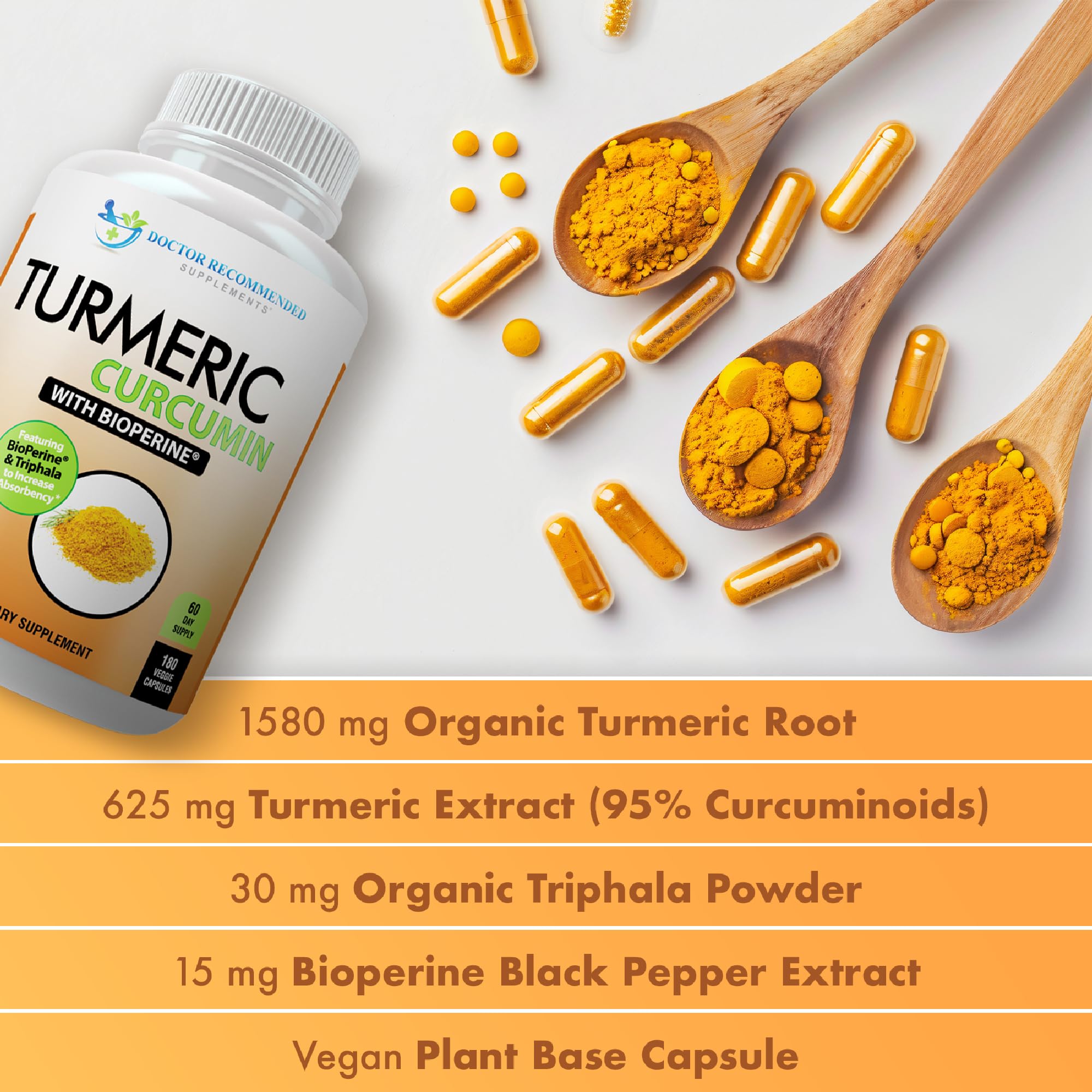 Turmeric Curcumin Supplement - 2250mg/d - Veggie Caps - 95% Curcuminoids with Black Pepper Extract (Bioperine) - 750mg Capsules - 100% Organic - Most Powerful Turmeric (180 Count)