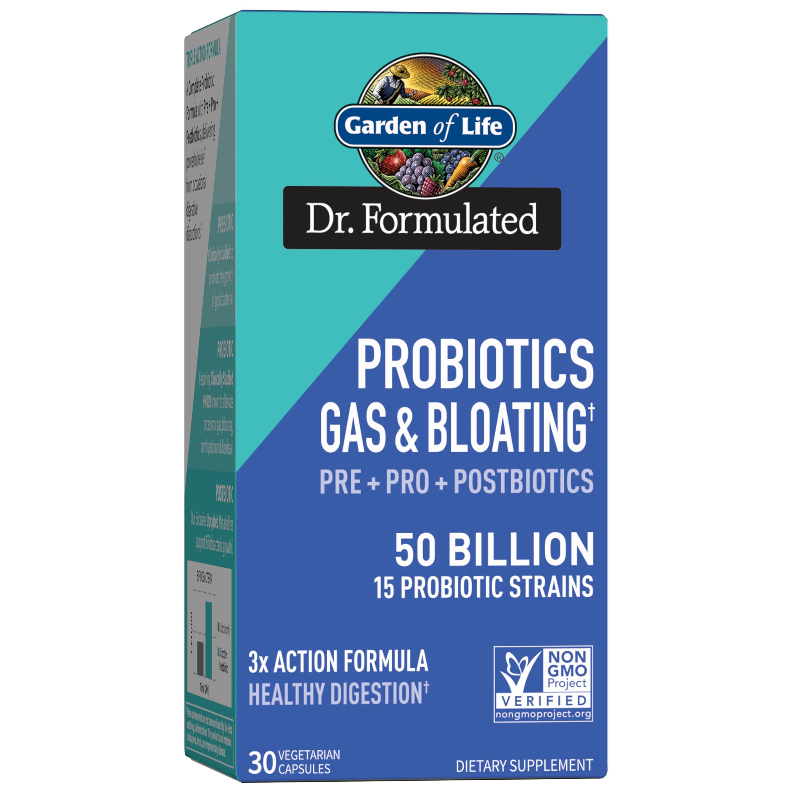 Garden of Life Dr. Formulated Pre, Post & Probiotics Gas & Bloating Once Daily 3-in-1 Complete Prebiotics, Postbiotics & Probiotics – 50 Billion CFU, Non-GMO, Gluten-Free, 30 Day Supply