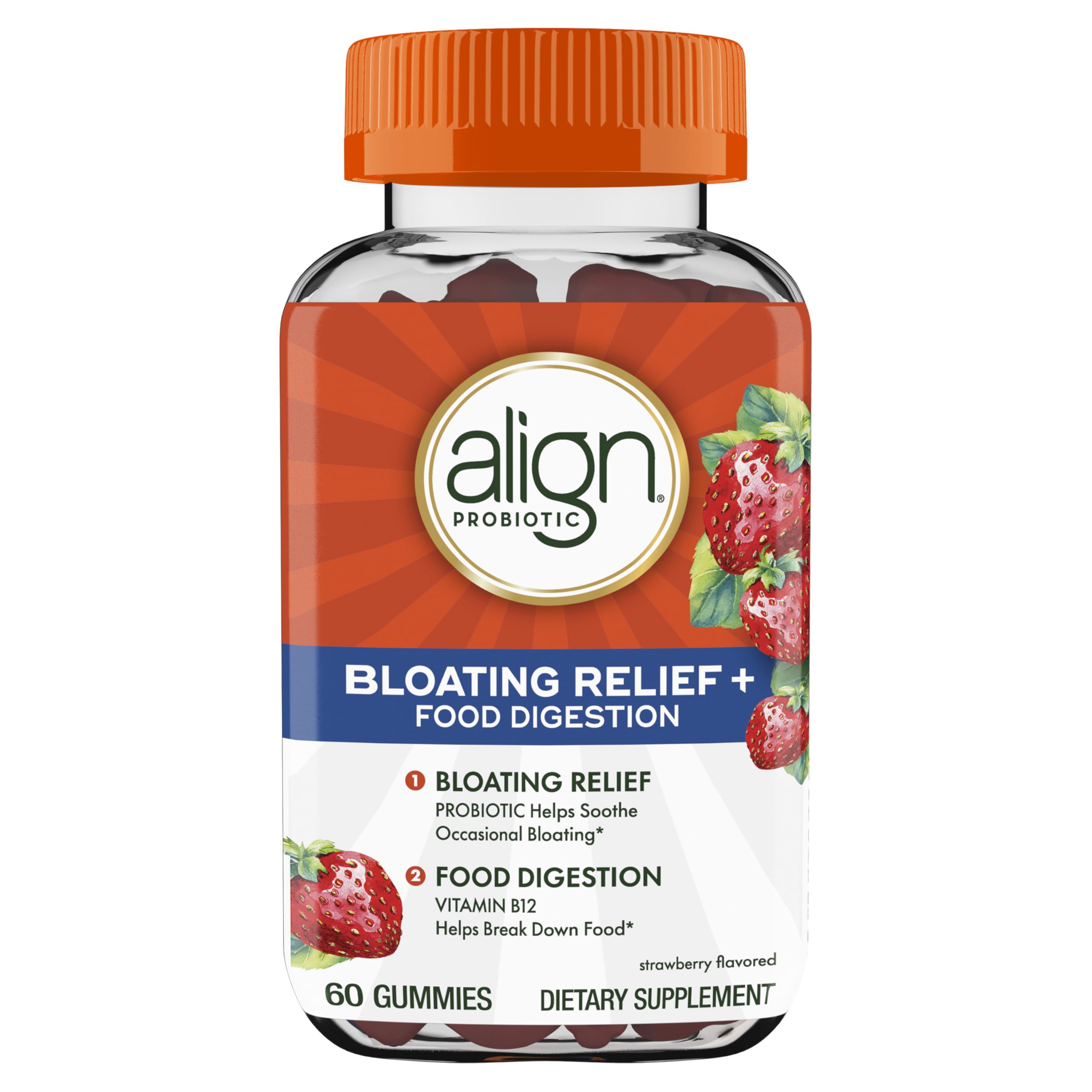Align Probiotic, Bloating Relief + Food Digestion, Probiotics for Women and Men, Probiotic Helps Soothe Occasional Bloating*, With Vitamin B12 to Help Break Down Food into Cellular Energy*,60 Gummies