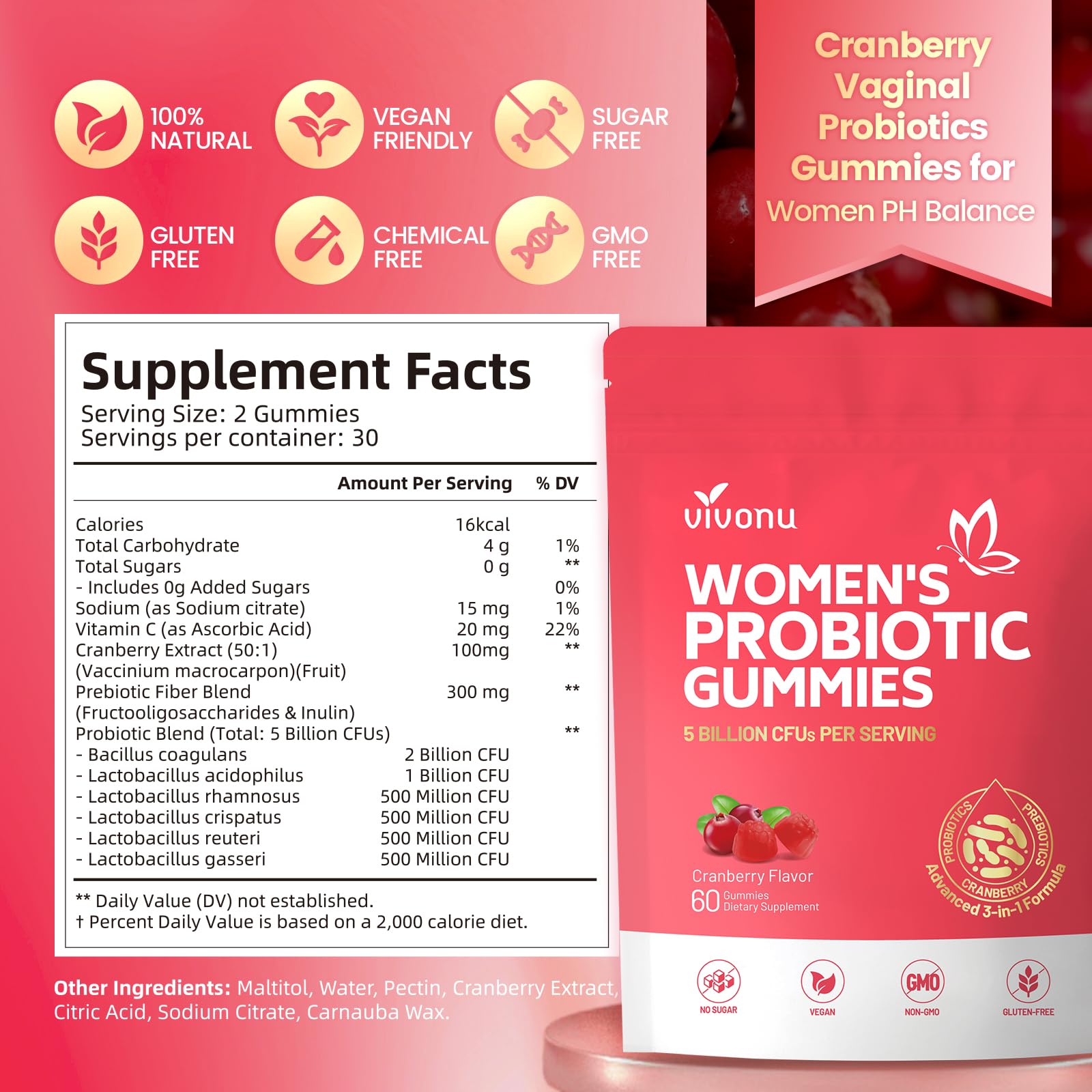 VivoNu Viginal Probiotic for Women, Women Probiotic Gummies, Feminine Balance Gummies, Cranberry Probiotics for Woman Vaginigal Health, Yeast Ph Balance| 60 Gummies