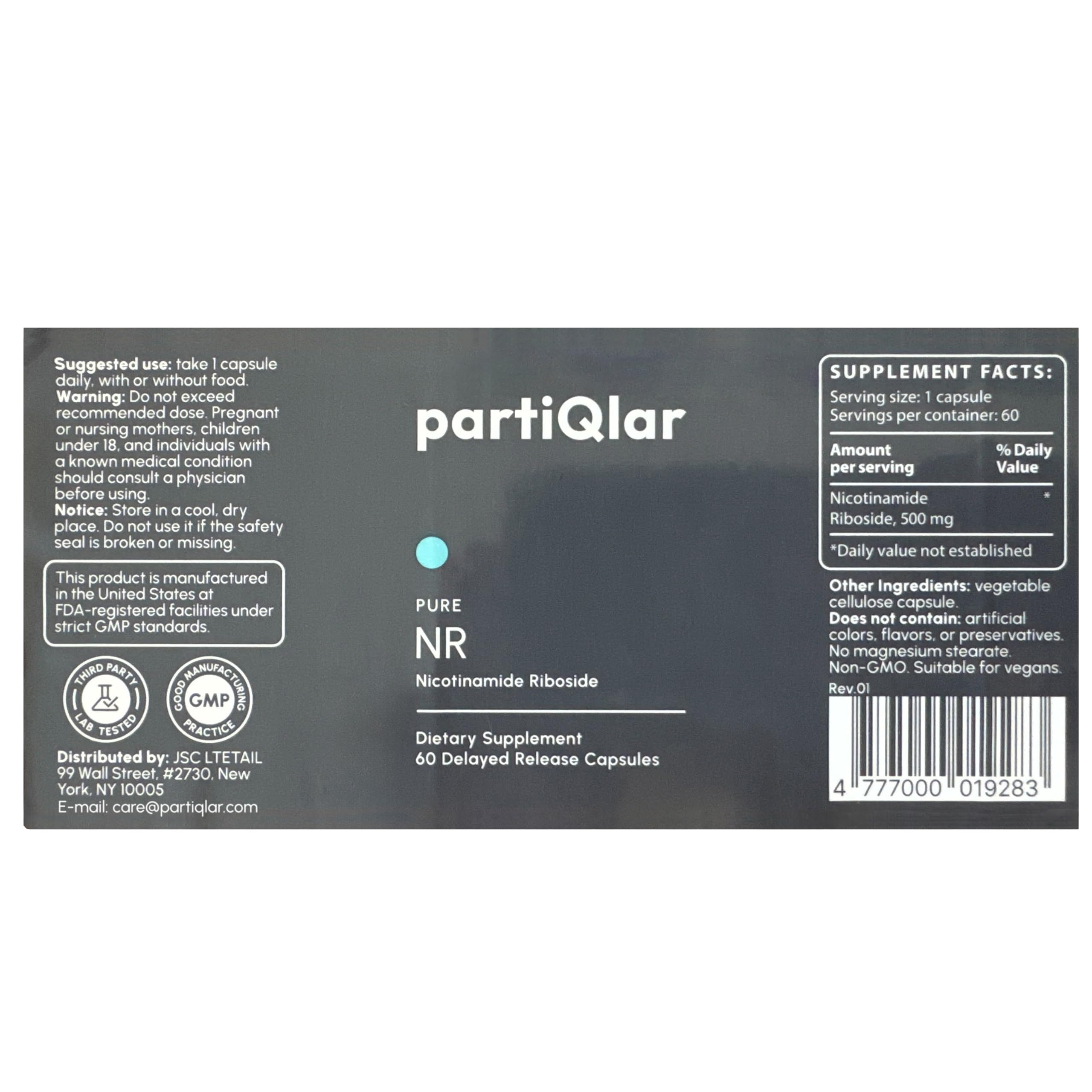 partiQlar Nicotinamide Riboside (NR) 500mg – NR Supplement for Cellular Health, Anti-Aging, Energy & Metabolism Support – 2-Month Supply (60 Capsules)