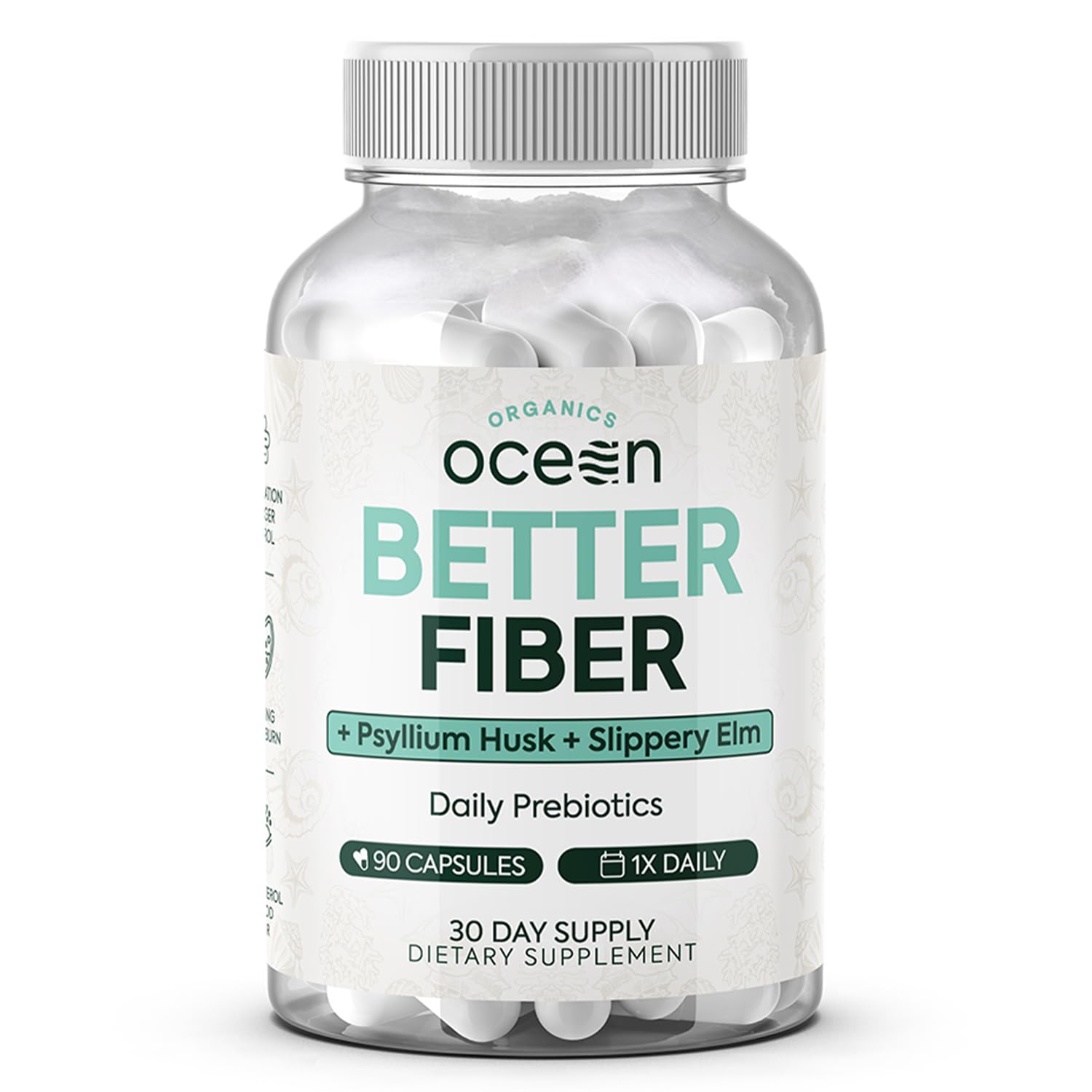 Organics Ocean Better Fiber - Daily Fiber Supplement - Soften Stool for Effortless Bowel Movements - with Psyllium Hulk and Slippery Elm - 90 Capsules