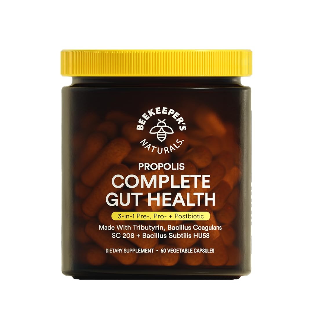 Complete Gut Health by Beekeeper's Naturals, 3-in-1 Prebiotic, Postbiotic, Probiotics for Digestive Health & Bloating Relief for Women & Men, Propolis Powered, Gluten-Free Vegan Capsules, 60ct