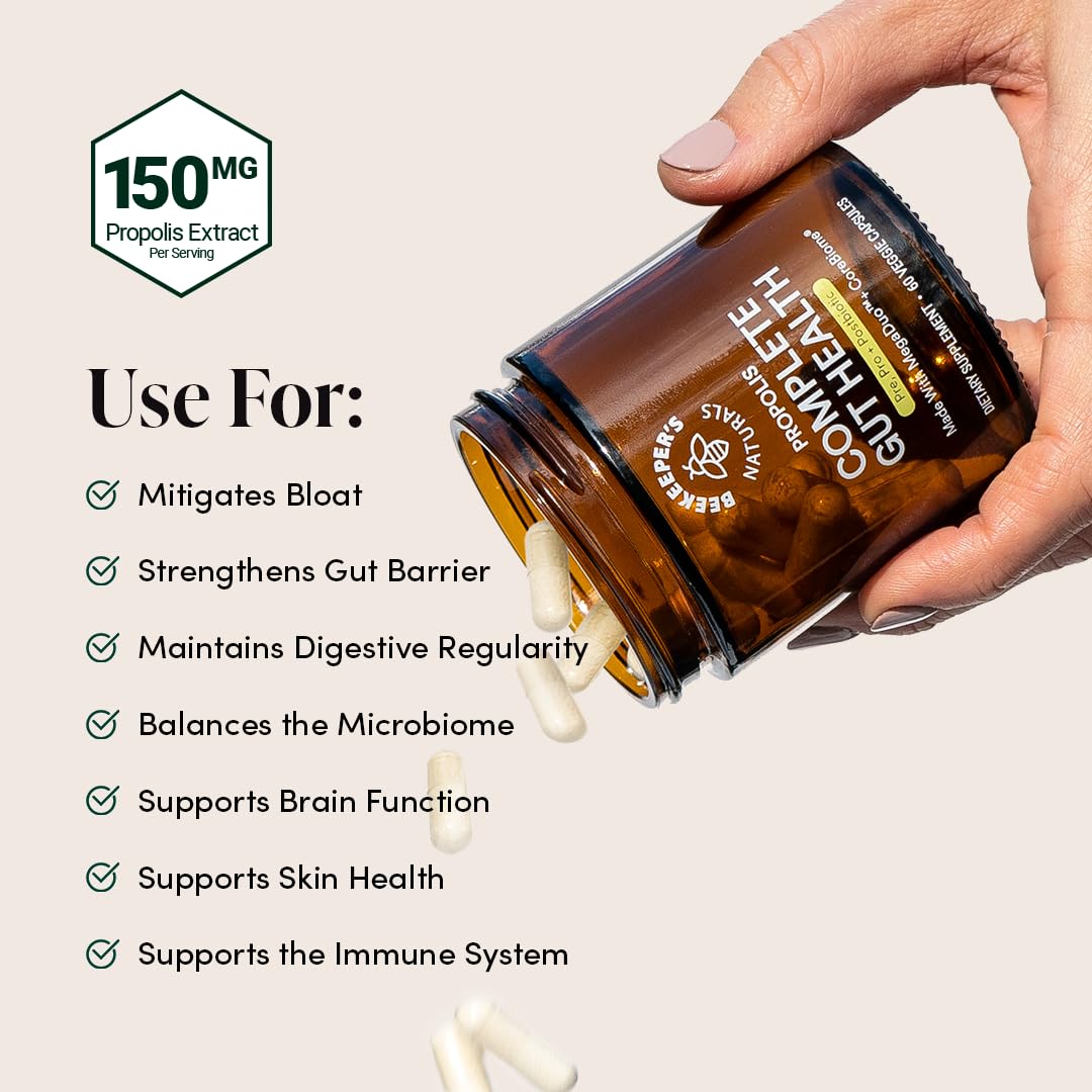Complete Gut Health by Beekeeper's Naturals, 3-in-1 Prebiotic, Postbiotic, Probiotics for Digestive Health & Bloating Relief for Women & Men, Propolis Powered, Gluten-Free Vegan Capsules, 60ct