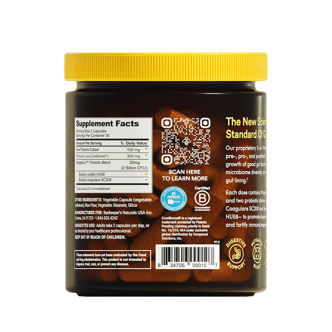 Complete Gut Health by Beekeeper's Naturals, 3-in-1 Prebiotic, Postbiotic, Probiotics for Digestive Health & Bloating Relief for Women & Men, Propolis Powered, Gluten-Free Vegan Capsules, 60ct