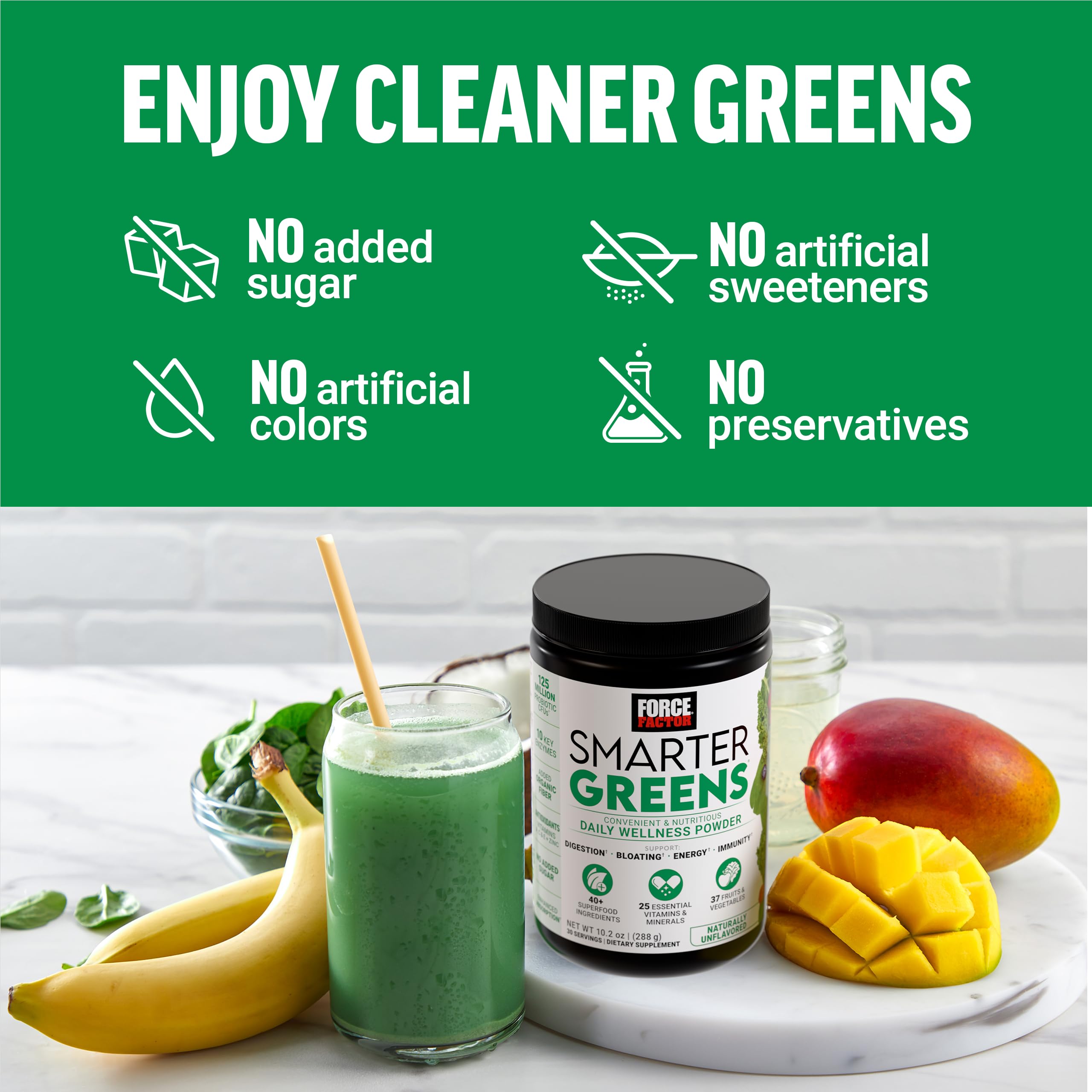 Force Factor Smarter Greens Daily Wellness Powder 2-Pack to Support Energy, Immunity & Digestion, Superfood Greens Powder with Vitamins, Minerals & Probiotics, Unflavored, 60 Servings