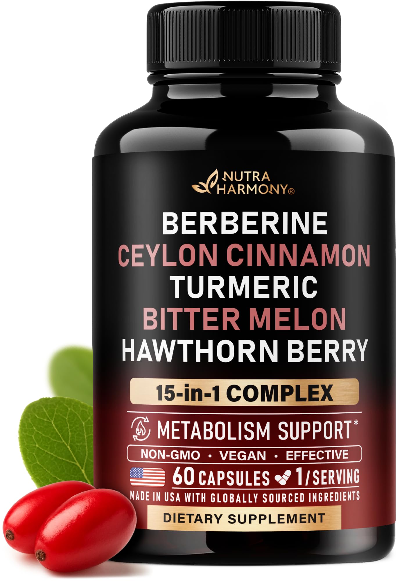 Berberine with Ceylon Cinnamon | Bitter Melon (Karela) | Apple Cider Vinegar | Hawthorn Berry | Citrus Bergamot | Turmeric - 15-in-1 Supplement for Heart Support, Metabolism & Energy - 60 Capsules