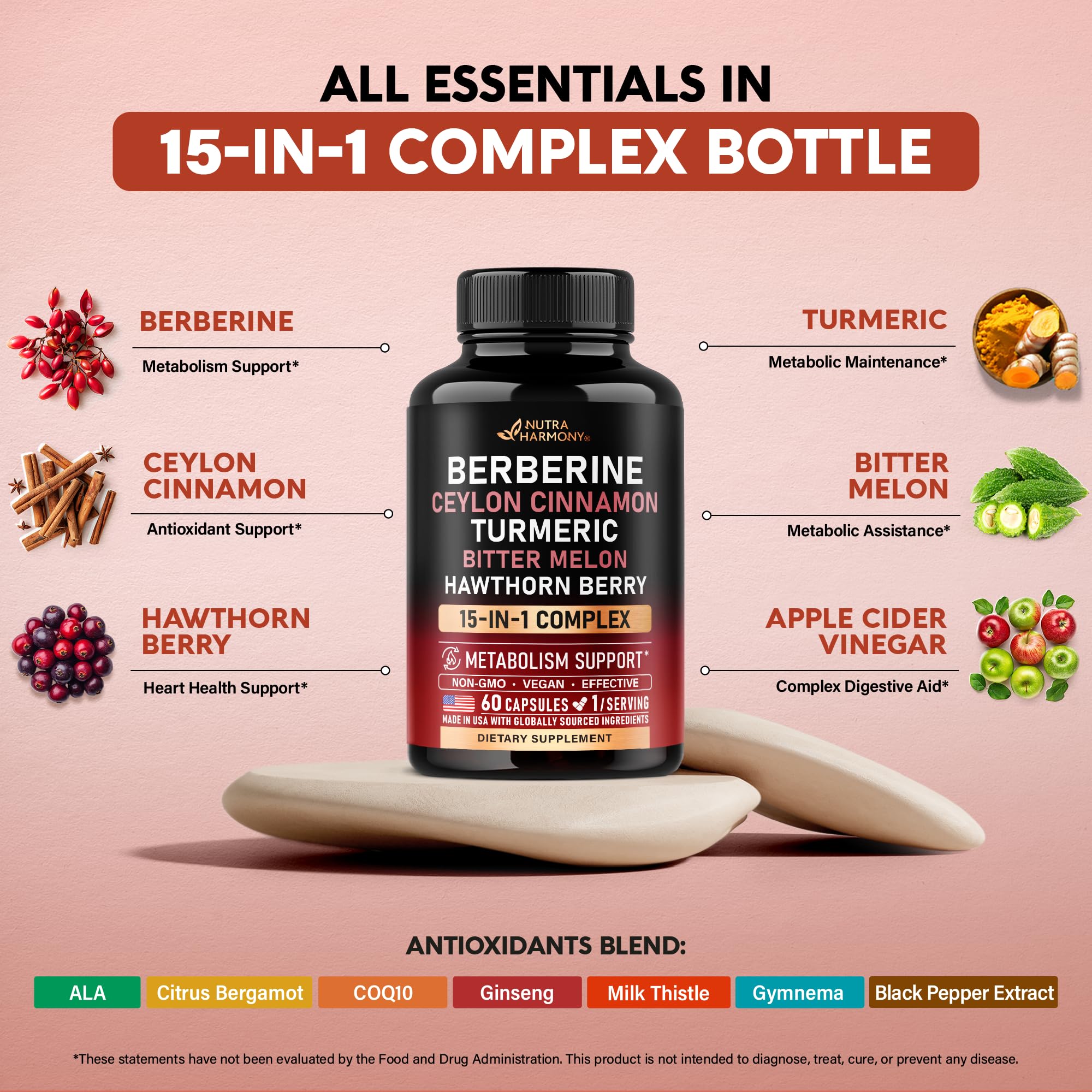Berberine with Ceylon Cinnamon | Bitter Melon (Karela) | Apple Cider Vinegar | Hawthorn Berry | Citrus Bergamot | Turmeric - 15-in-1 Supplement for Heart Support, Metabolism & Energy - 60 Capsules