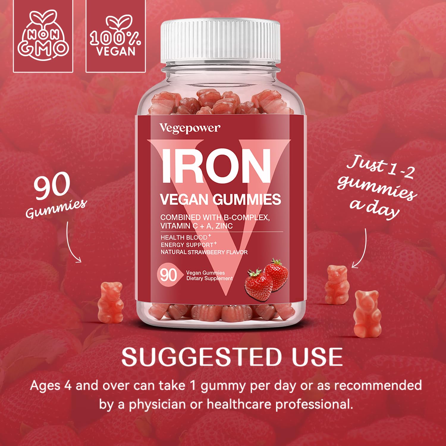 Iron Gummies Supplements for Women & Kids - Multivitamin with Vitamin C for Energy Support, Great Tasting Iron Gummy Vitamins with Vitamin C for Max Absorption - Vegan, Strawberry 90 Count