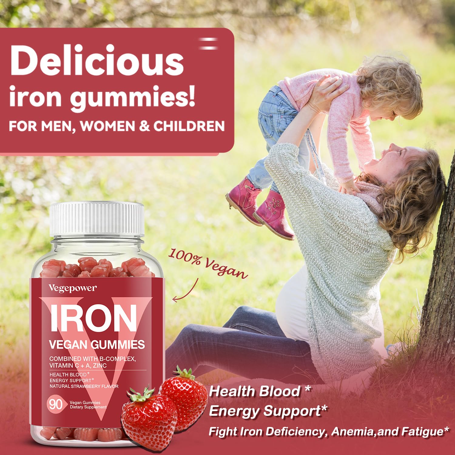 Iron Gummies Supplements for Women & Kids - Multivitamin with Vitamin C for Energy Support, Great Tasting Iron Gummy Vitamins with Vitamin C for Max Absorption - Vegan, Strawberry 90 Count